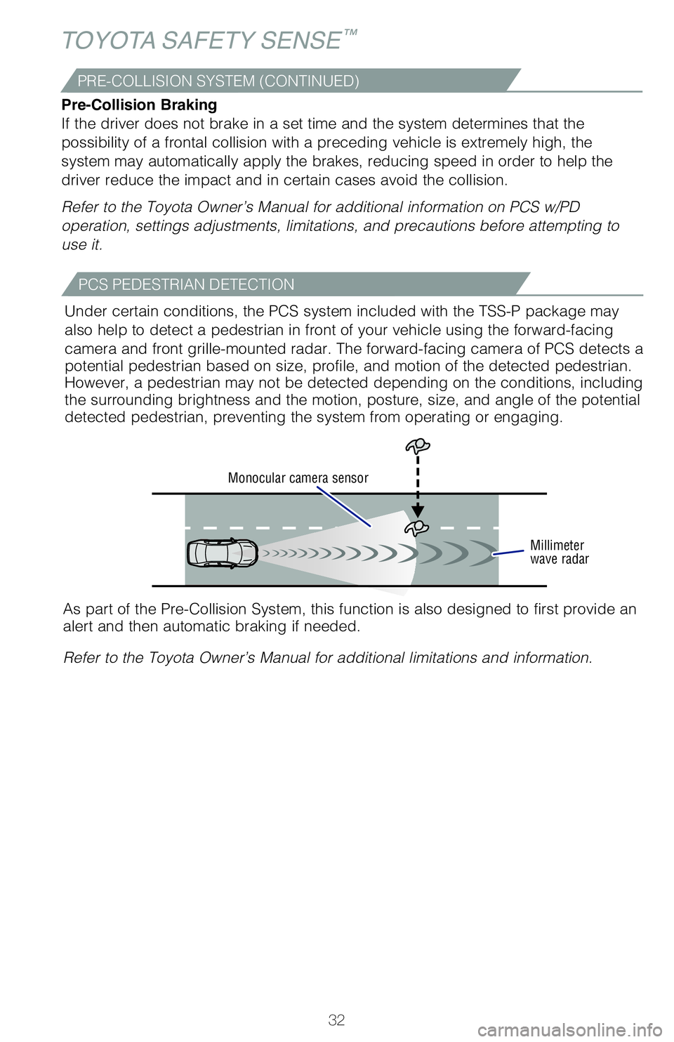 TOYOTA TUNDRA 2021  Owners Manual (in English) 32
DISABLING PRE-COLLISION SYSTEM (PCS)
TOYOTA SAFETY SENSE™
CHANGING PCS SENSITIVITY
(1) Press “ ” switches and select “” from the Multi-Information Display (MID).  
(2) Press “ ” switc