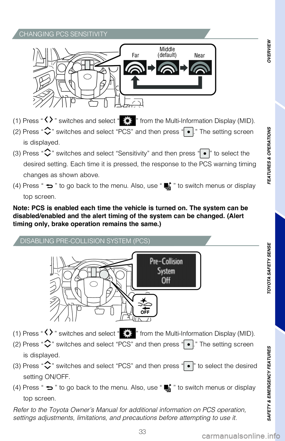 TOYOTA TUNDRA 2021   (in English) Owners Guide 33
DISABLING PRE-COLLISION SYSTEM (PCS)
CHANGING PCS SENSITIVITY
FarMiddle
(default) Near
(1) Press “” switches and select “” from the Multi-Information Display (MID).   
(2) Press “
” swi