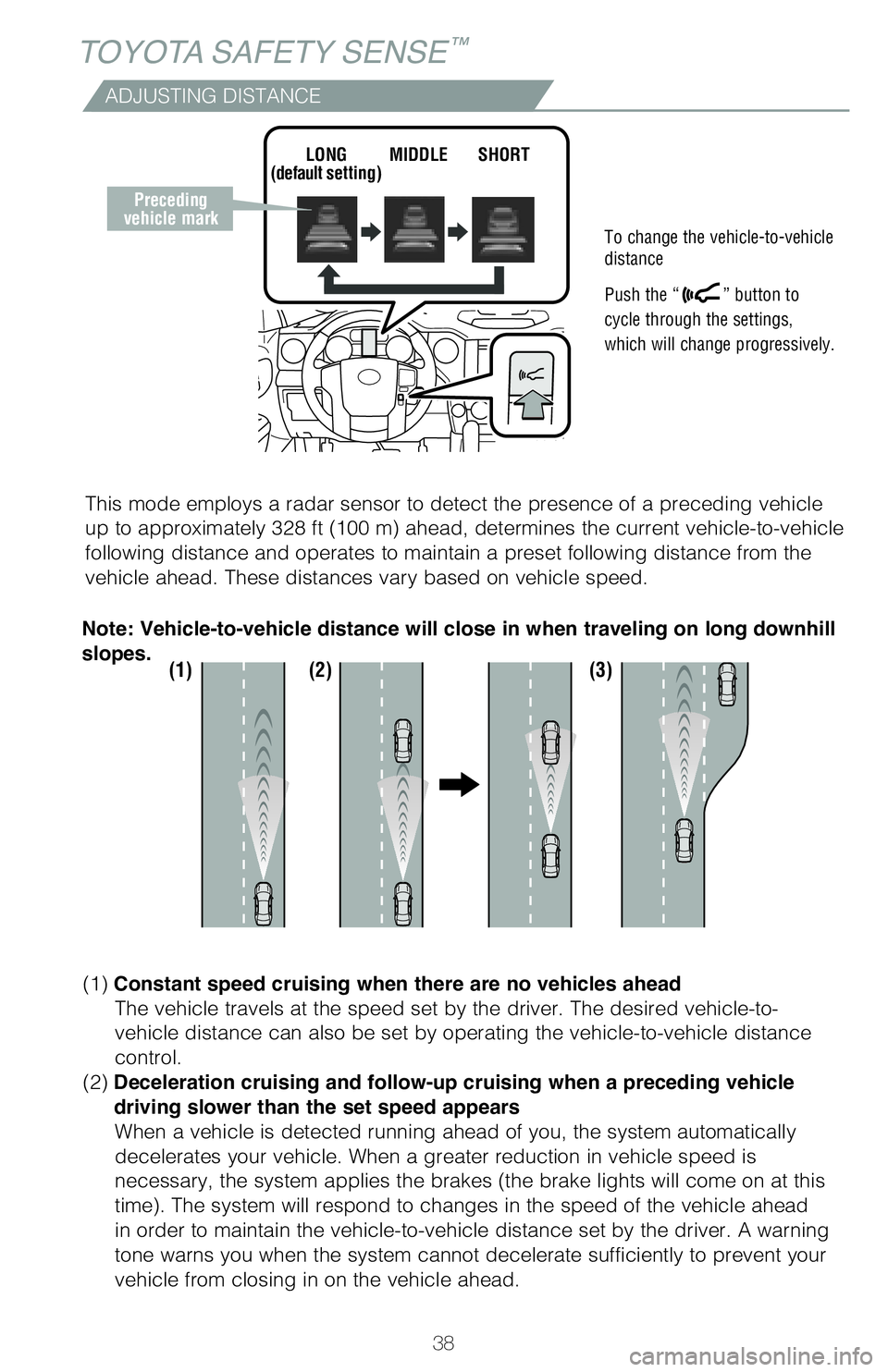 TOYOTA TUNDRA 2021   (in English) Owners Guide 38
TOYOTA SAFETY SENSE™
ADJUSTING DISTANCE
To change the vehicle-to-vehicle 
distance
 
Push the “
” button to 
cycle through the settings, 
which will change progressively. 
This mode employs a
