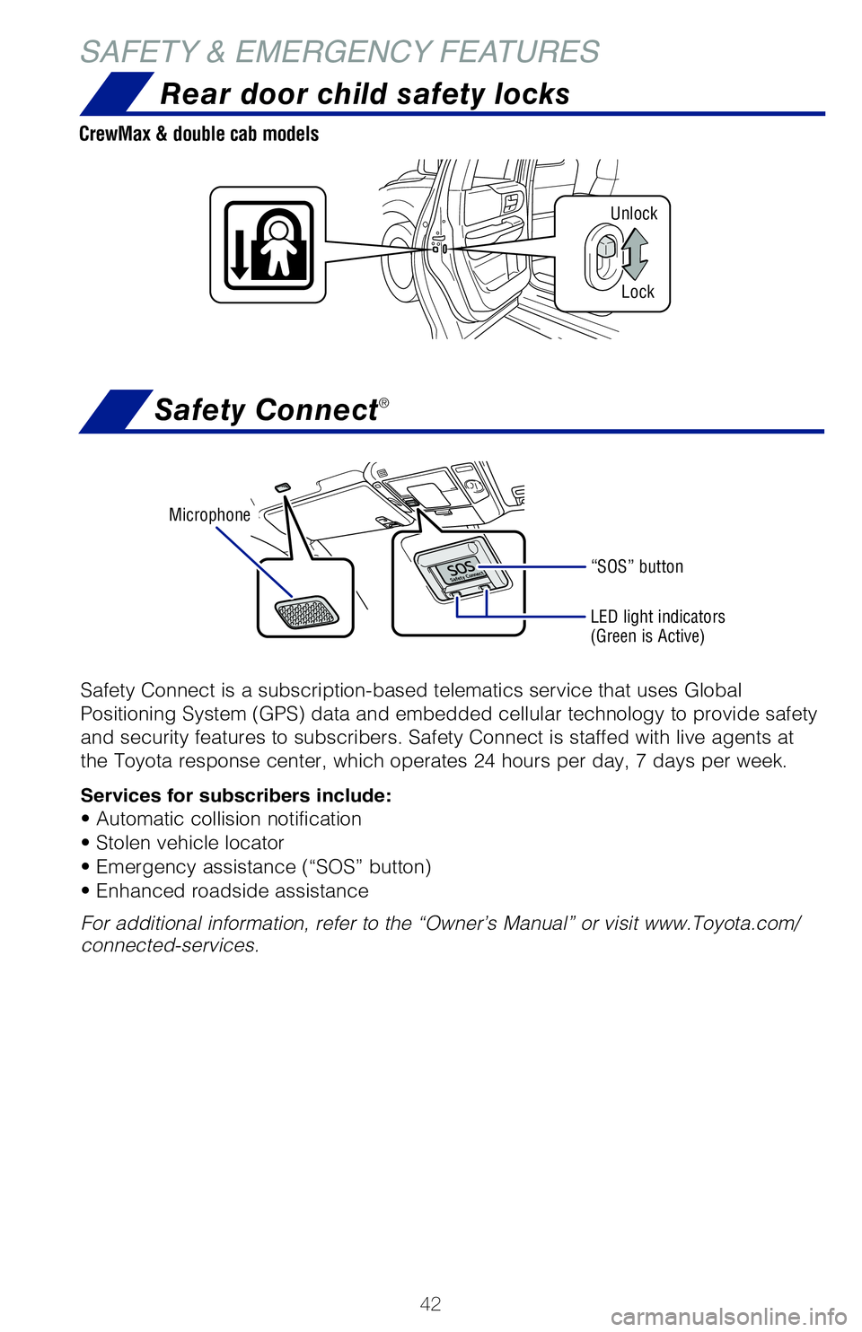 TOYOTA TUNDRA 2021  Owners Manual (in English) 42
TOOL LOCATION
REMOVING THE SPARE TIRE
Rear door child safety locks
(1) Assemble the jack handle.
(2) Insert the jack handle end into the lowering screw.
(3) Turn the jack handle counterclockwise.
R
