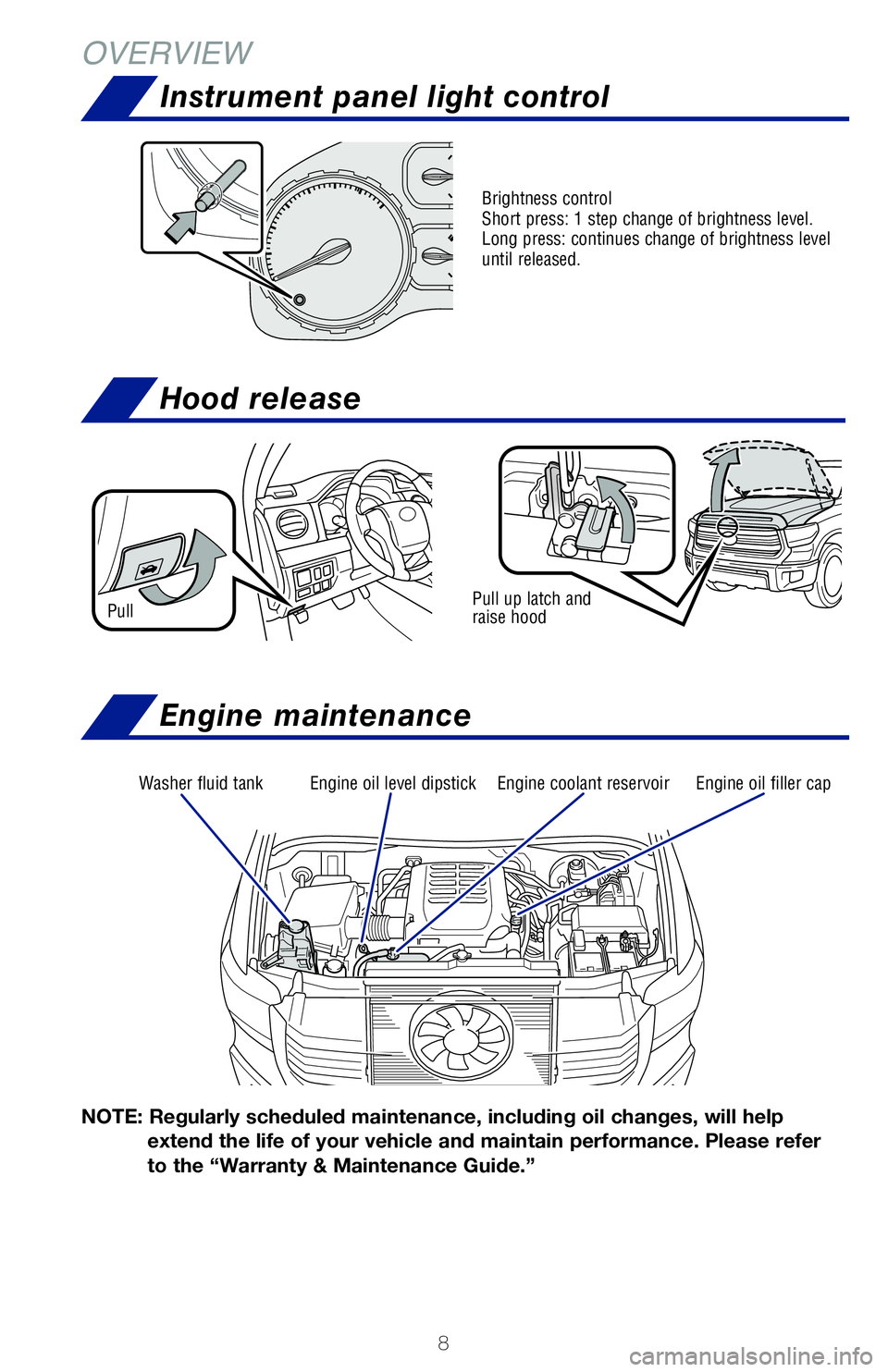 TOYOTA TUNDRA 2021  Owners Manual (in English) 8
OVERVIEWHood release
Pull up latch and 
raise hoodPull
Washer fluid tankEngine coolant reservoirEngine oil filler capEngine oil level dipstick
NOTE: Regularly scheduled maintenance, including oil ch