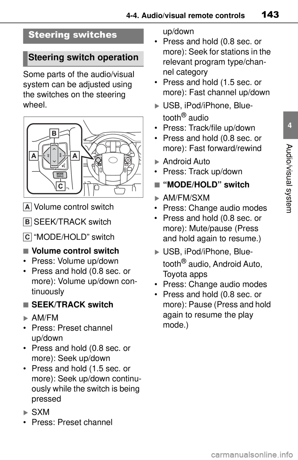 TOYOTA TUNDRA 2021 Accessories, Audio & Navigation (in English) 1434-4. Audio/visual remote controls
4
Audio/visual system
4-4.Audio/visual remote controls
Some parts of the audio/visual
system can be adjusted using
the switches on the steering
wheel.Volume con TOYOTA TUNDRA 2021 Accessories, Audio & Navigation (in English) 1434-4. Audio/visual remote controls
4
Audio/visual system
4-4.Audio/visual remote controls
Some parts of the audio/visual
system can be adjusted using
the switches on the steering
wheel.Volume con