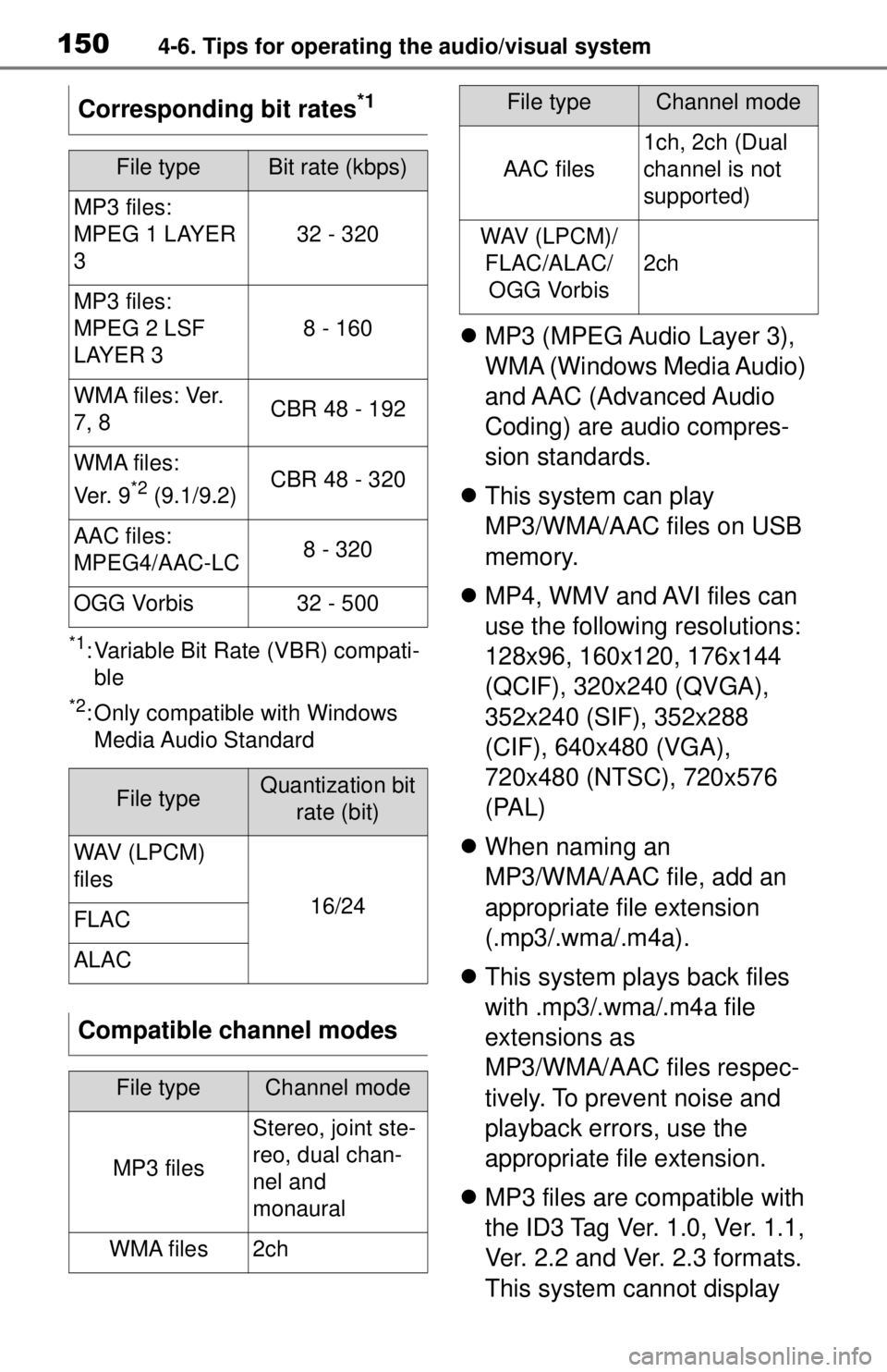 TOYOTA TUNDRA 2021 Accessories, Audio & Navigation (in English) 1504-6. Tips for operating the audio/visual system
*1: Variable Bit Rate (VBR) compati-ble
*2: Only compatible with Windows Media Audio Standard
MP3 (MPEG Audio Layer 3),
WMA (Windows Media Audi TOYOTA TUNDRA 2021 Accessories, Audio & Navigation (in English) 1504-6. Tips for operating the audio/visual system
*1: Variable Bit Rate (VBR) compati-ble
*2: Only compatible with Windows Media Audio Standard
MP3 (MPEG Audio Layer 3),
WMA (Windows Media Audi