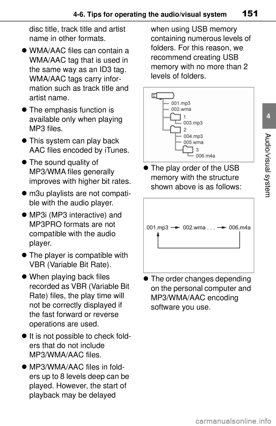 TOYOTA TUNDRA 2021 Accessories, Audio & Navigation (in English) 1514-6. Tips for operating the audio/visual system
4
Audio/visual system
disc title, track title and artist
name in other formats.
WMA/AAC files can contain a
WMA/AAC tag that is used in
the sa TOYOTA TUNDRA 2021 Accessories, Audio & Navigation (in English) 1514-6. Tips for operating the audio/visual system
4
Audio/visual system
disc title, track title and artist
name in other formats.
WMA/AAC files can contain a
WMA/AAC tag that is used in
the sa