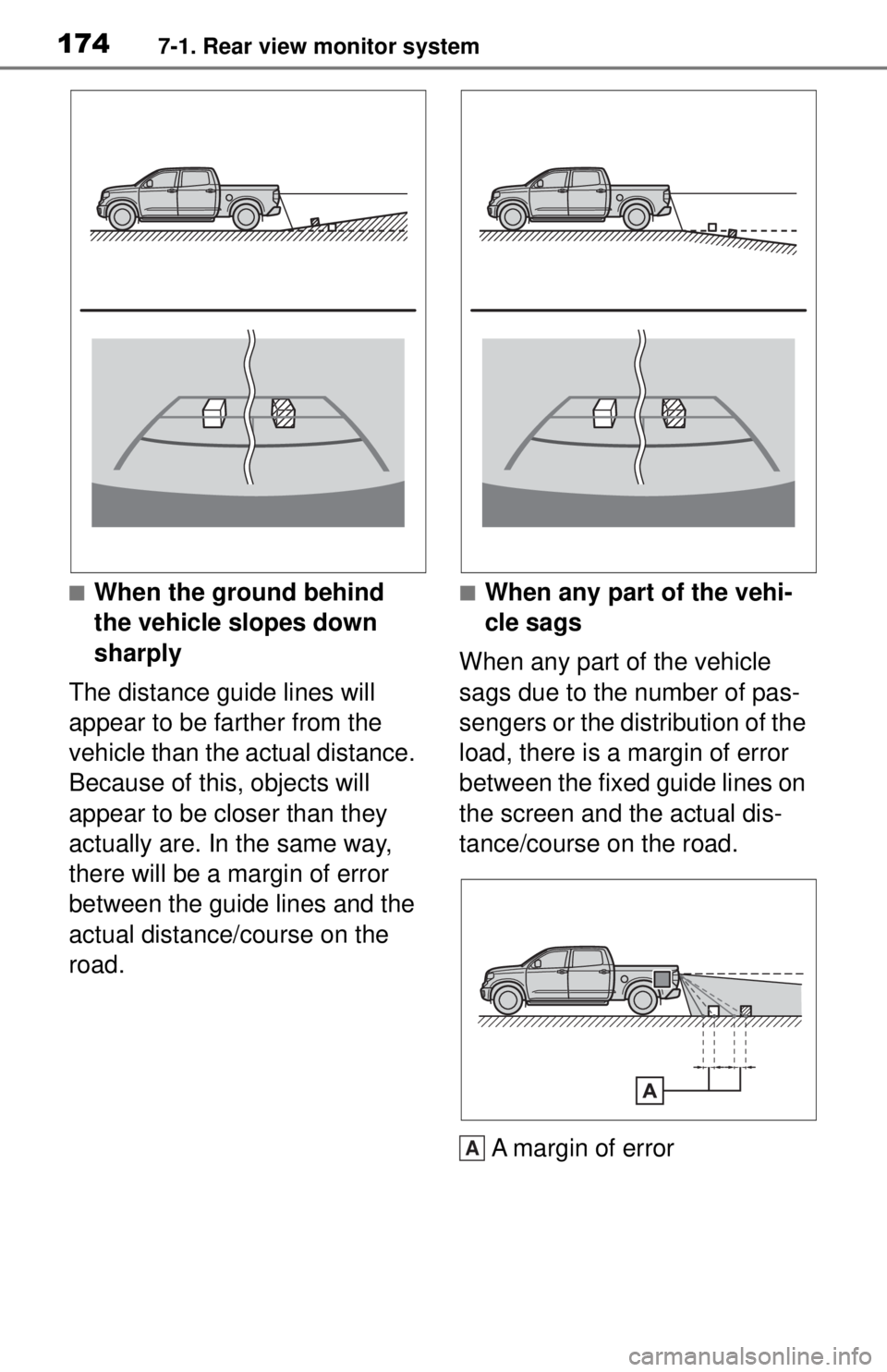 TOYOTA TUNDRA 2021  Accessories, Audio & Navigation (in English) 1747-1. Rear view monitor system
■When the ground behind 
the vehicle slopes down 
sharply
The distance guide lines will 
appear to be farther from the 
vehicle than the actual distance. 
Because of