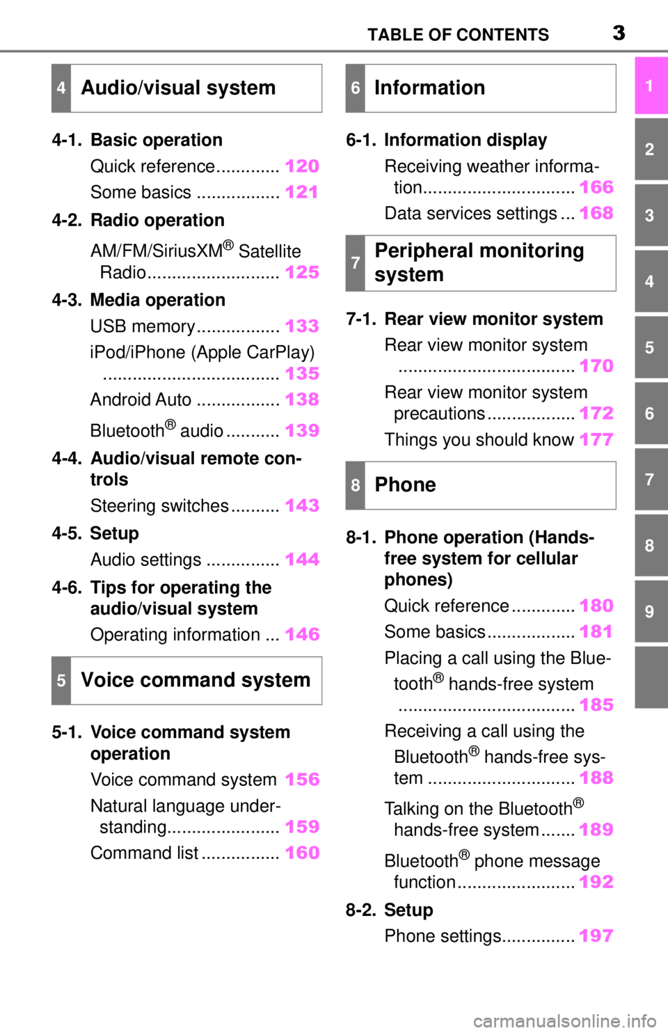 TOYOTA TUNDRA 2021  Accessories, Audio & Navigation (in English) 3TABLE OF CONTENTS
1
2
3
4
5
6
7
8
9
4-1. Basic operationQuick reference............. 120
Some basics ................. 121
4-2. Radio operation
AM/FM/SiriusXM
® Satellite 
Radio ....................