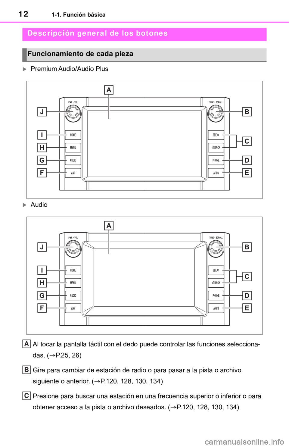 TOYOTA TUNDRA 2021  Accessories, Audio & Navigation (in English) 121-1. Función básica
1-1.Función básica
Premium Audio/Audio Plus
AudioAl tocar la pantalla táctil con el dedo puede controlar las fun ciones selecciona-
das. ( P.25, 26)
Gire para cambi