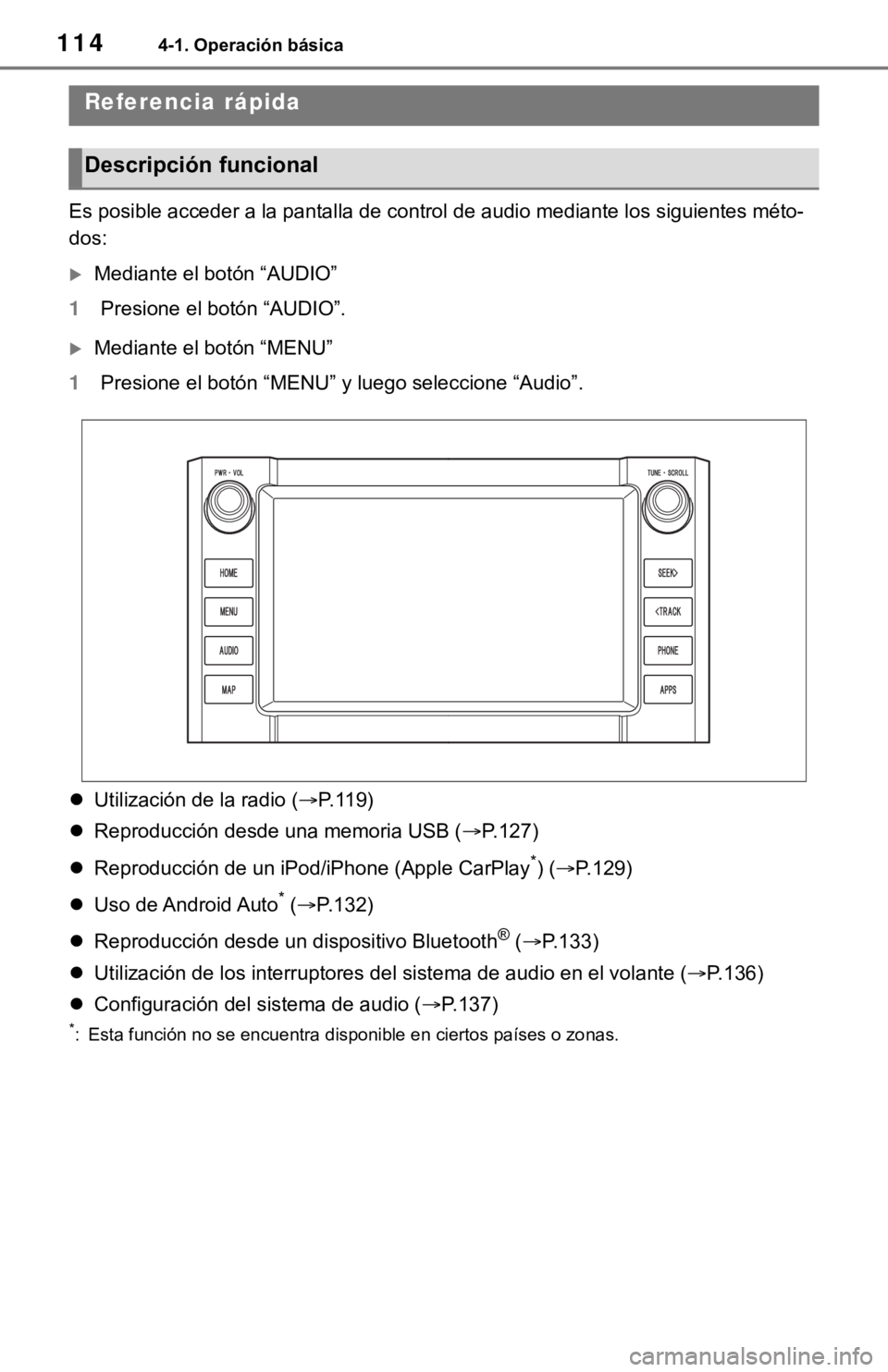 TOYOTA TUNDRA 2021  Accessories, Audio & Navigation (in English) 1144-1. Operación básica
4-1.Operación básica
Es posible acceder a la pantalla de control de audio mediante l os siguientes méto-
dos:
Mediante el botón “AUDIO”
1 Presione el botón “AU
