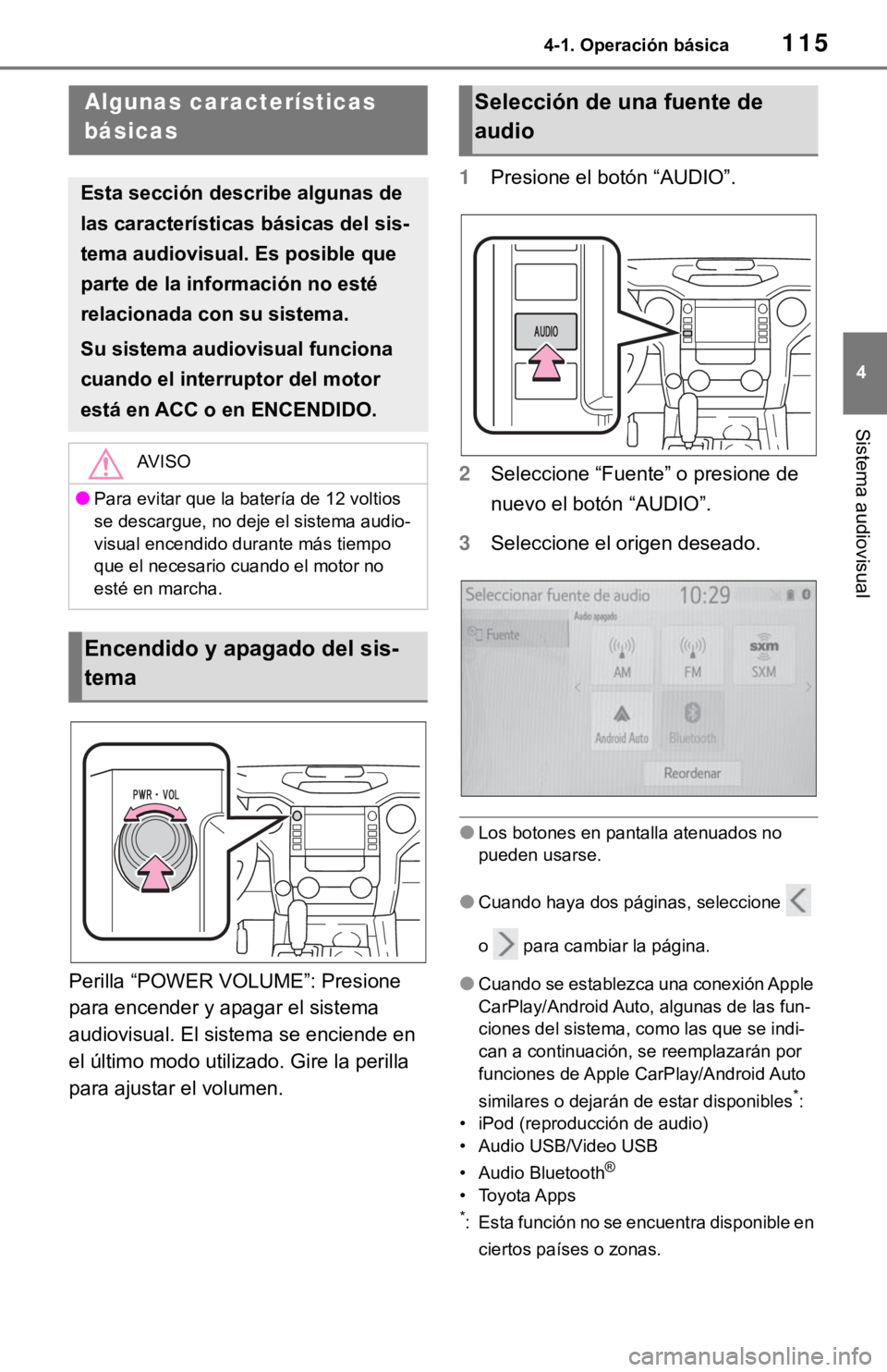 TOYOTA TUNDRA 2021  Accessories, Audio & Navigation (in English) 1154-1. Operación básica
4
Sistema audiovisual
Perilla “POWER VOLUME”: Presione 
para encender y apagar el sistema 
audiovisual. El sistema se enciende en 
el último modo utiliz ado. Gire la pe