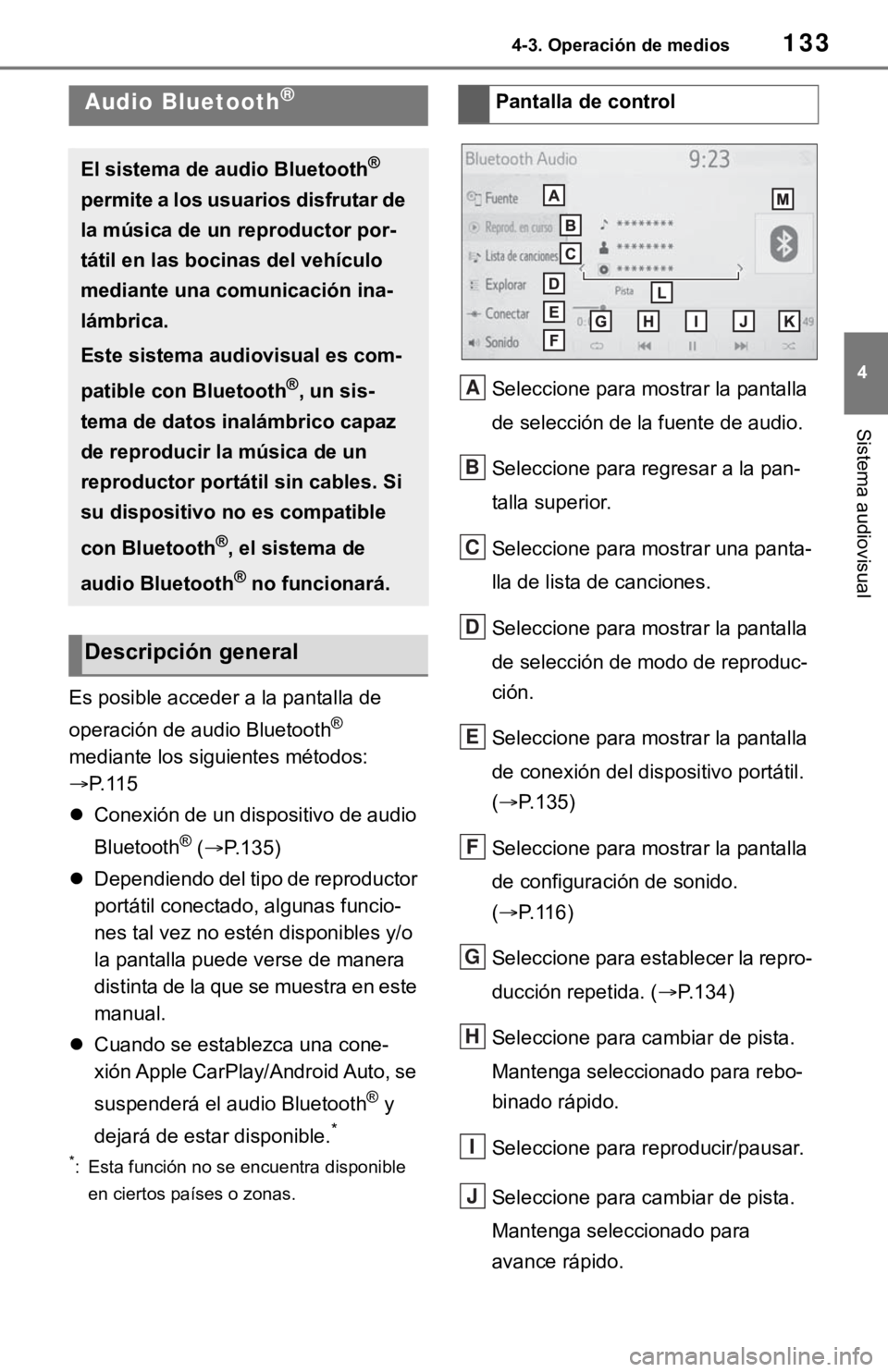 TOYOTA TUNDRA 2021  Accessories, Audio & Navigation (in English) 1334-3. Operación de medios
4
Sistema audiovisual
Es posible acceder a la pantalla de 
operación de audio Bluetooth
® 
mediante los siguientes métodos: 
P. 1 1 5
 Conexión de un dispositivo