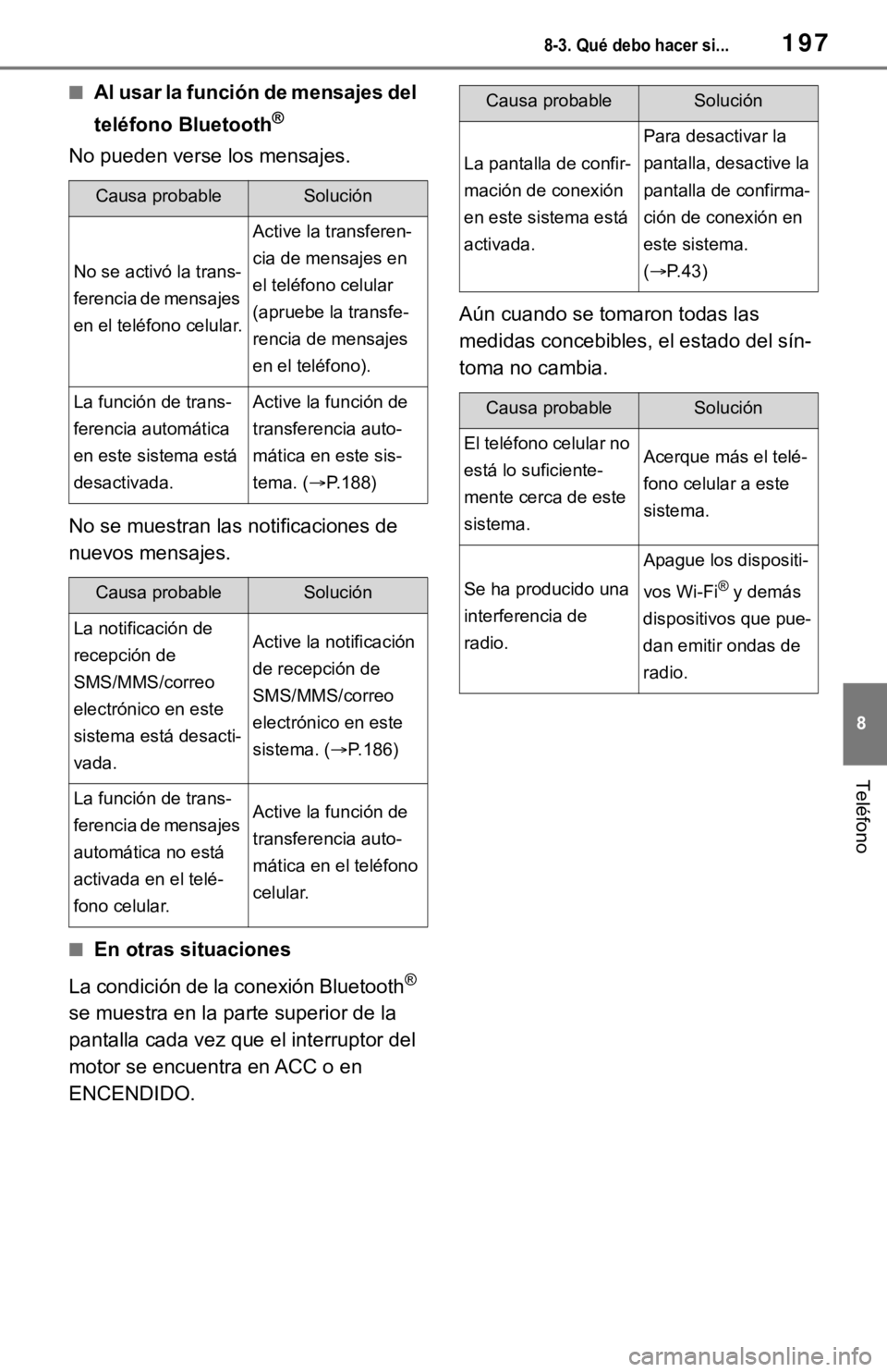 TOYOTA TUNDRA 2021  Accessories, Audio & Navigation (in English) 1978-3. Qué debo hacer si...
8
Teléfono
■Al usar la función de mensajes del 
teléfono Bluetooth
®
No pueden verse los mensajes.
No se muestran las notificaciones de 
nuevos mensajes.
■En otra