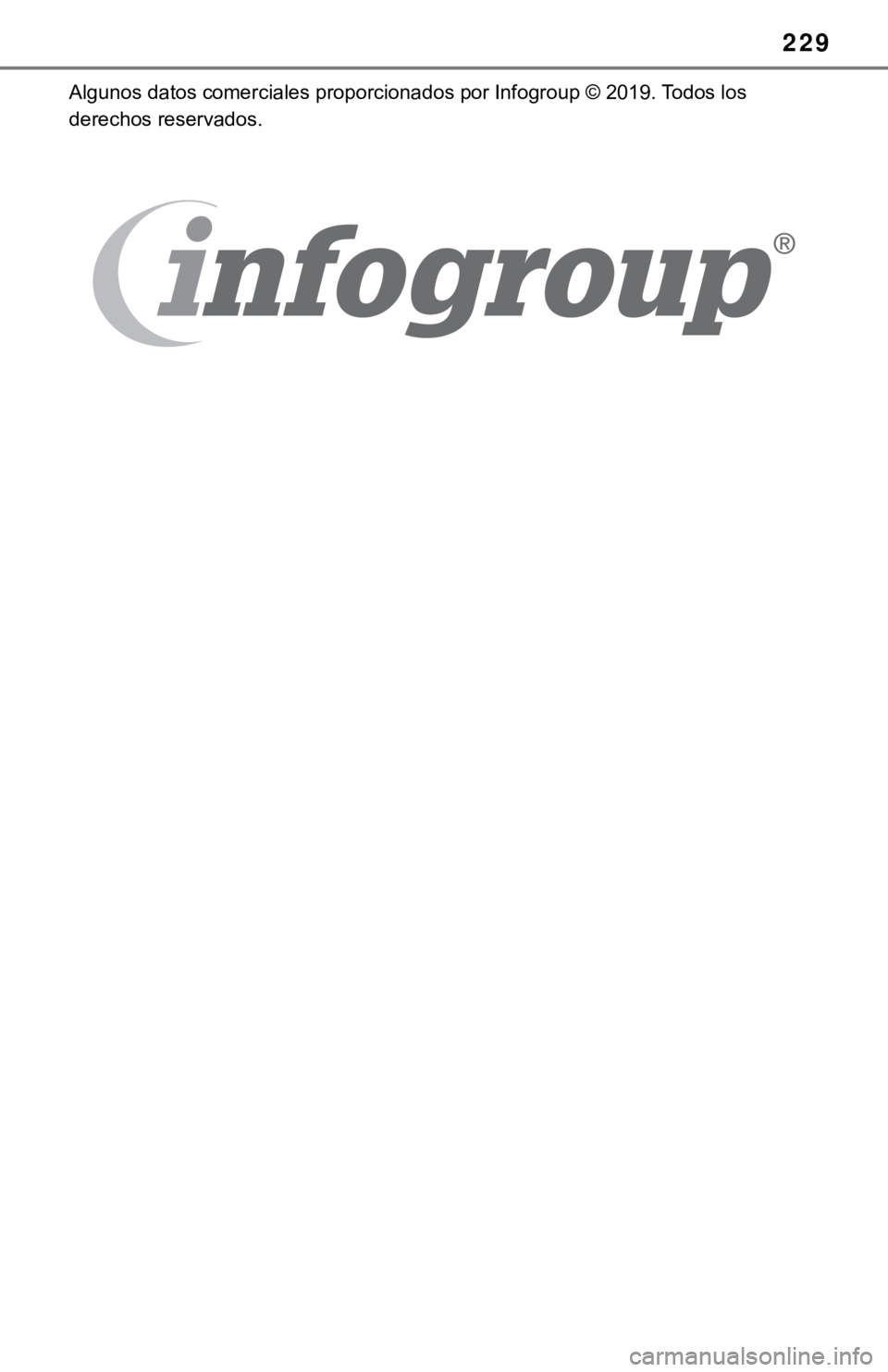 TOYOTA TUNDRA 2021 Accessories, Audio & Navigation (in English) 229
Algunos datos comerciales proporcionados por Infogroup © 2019. Todos los
derechos reservados. TOYOTA TUNDRA 2021 Accessories, Audio & Navigation (in English) 229
Algunos datos comerciales proporcionados por Infogroup © 2019. Todos los
derechos reservados.