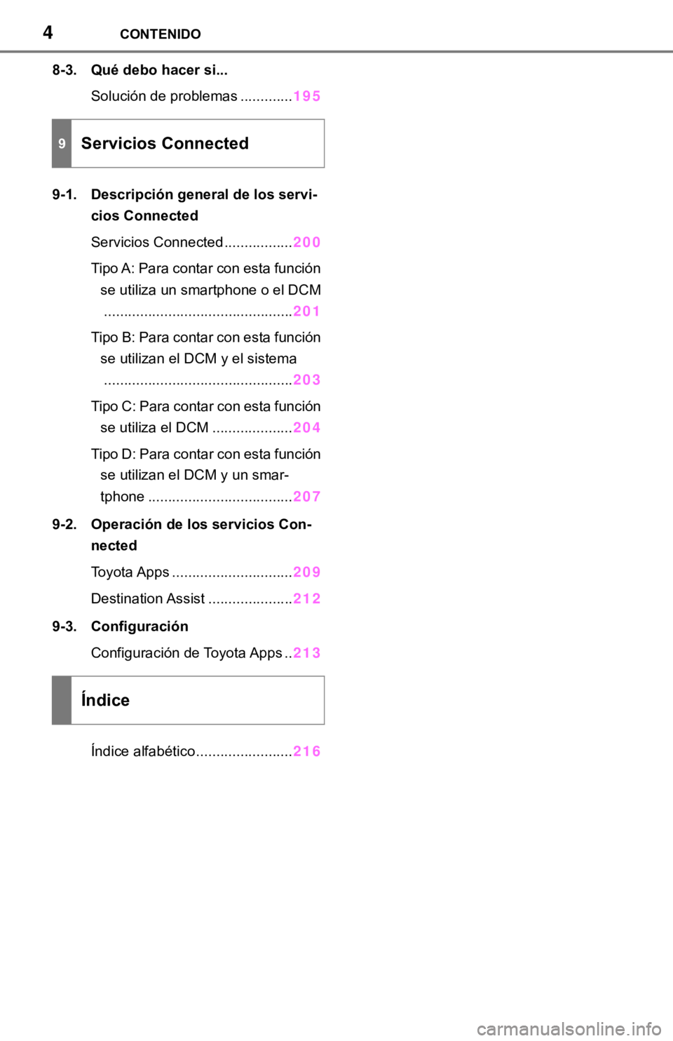 TOYOTA TUNDRA 2021  Accessories, Audio & Navigation (in English) 4CONTENIDO
8-3. Qué debo hacer si...Solución de problemas ............. 195
9-1. Descripción general de los servi- cios Connected
Servicios Connected ................. 200
Tipo A: Para contar con e