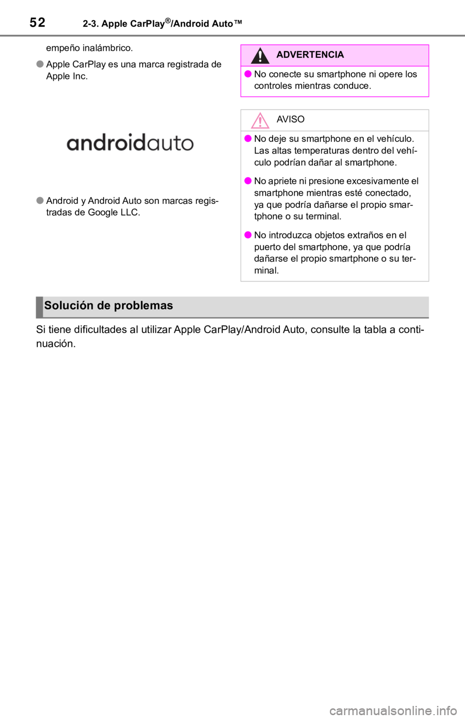 TOYOTA TUNDRA 2021 Accessories, Audio & Navigation (in English) 522-3. Apple CarPlay®/Android Auto™
empeño inalámbrico.
●Apple CarPlay es una marca registrada de
Apple Inc.
●Android y Android Auto son marcas regis-
tradas de Google LLC.
Si tiene dificult TOYOTA TUNDRA 2021 Accessories, Audio & Navigation (in English) 522-3. Apple CarPlay®/Android Auto™
empeño inalámbrico.
●Apple CarPlay es una marca registrada de
Apple Inc.
●Android y Android Auto son marcas regis-
tradas de Google LLC.
Si tiene dificult