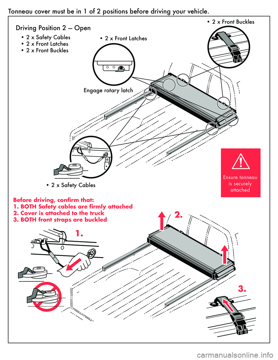 TOYOTA TUNDRA 2021  Accessories, Audio & Navigation (in English) TonneauÊcoverÊmustÊbeÊinÊ1ÊofÊ2ÊpositionsÊbeforeÊdrivingÊyourÊvehicle.DrivingÊPositionÊ2ÊÑÊOpen
• �+ �q �L�Z fetyÊCables
• �+ �q  FrontÊLatches
• �+ �q  FrontÊBuckles
Engage
