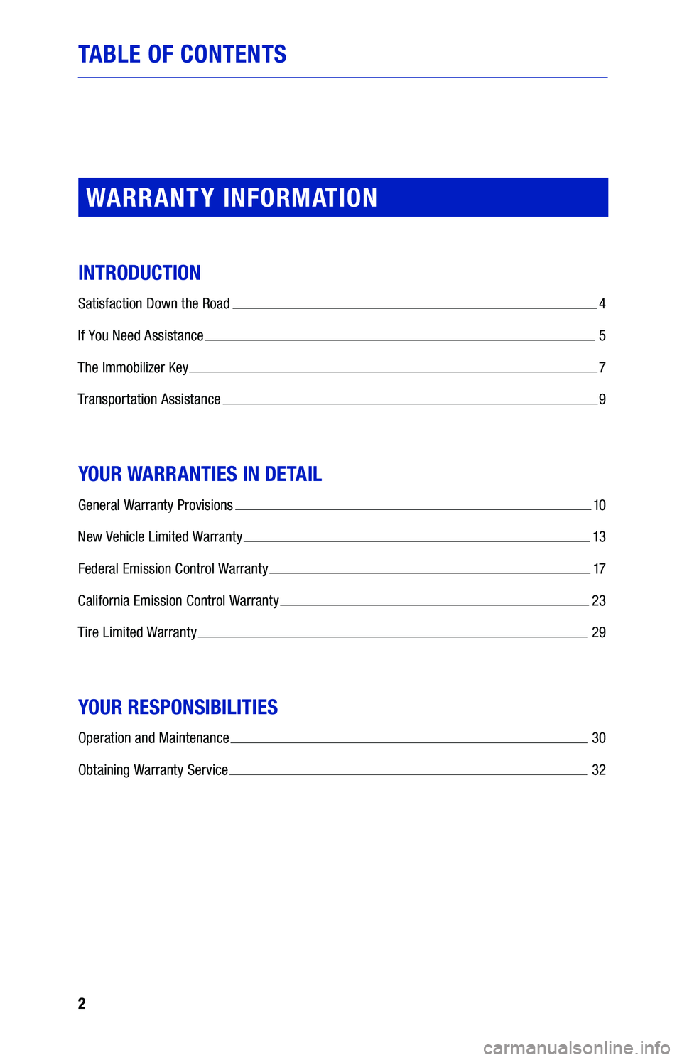 TOYOTA TUNDRA 2021  Warranties & Maintenance Guides (in English) 2
TA BL E OF CONTENTS
WARRANTY  INFORMATION
INTRODUCTION
Satisfaction Down the Road   4
If  You  Need  Assistance  
  5
The  Immobilizer  Key 
 7
Transportation  Assistance 
 9
YOUR WARRANTIES  IN DE 