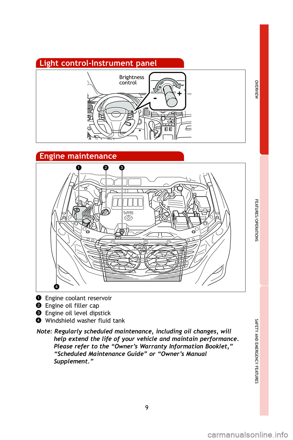 TOYOTA VENZA 2009 Owners Manual (in English) 9
OVERVIEW
FEATURES/OPERATIONS
SAFETY AND EMERGENCY FEATURES
Engine coolant reservoir
Engine oil filler cap
Engine oil level dipstick
Windshield washer fluid tank
Note: Regularly scheduled maintenance TOYOTA VENZA 2009 Owners Manual (in English) 9
OVERVIEW
FEATURES/OPERATIONS
SAFETY AND EMERGENCY FEATURES
Engine coolant reservoir
Engine oil filler cap
Engine oil level dipstick
Windshield washer fluid tank
Note: Regularly scheduled maintenance