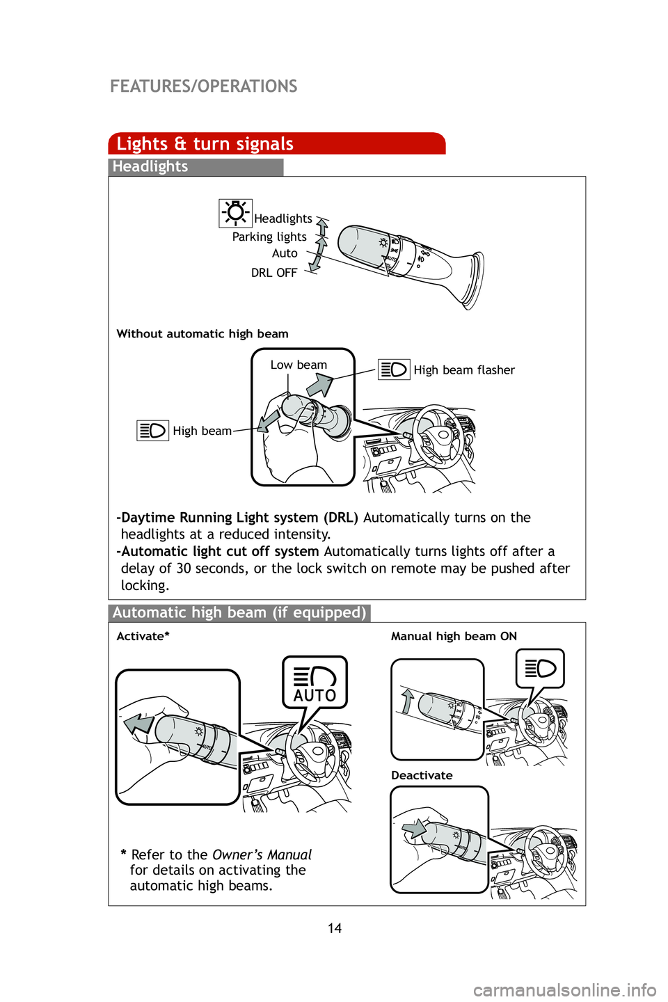TOYOTA VENZA 2009 Owners Manual (in English) 14
FEATURES/OPERATIONS
Lights & turn signals
Headlights
High beam flasher
Low beam
Headlights
-Daytime Running Light system (DRL)
Automatically turns on the
headlights at a reduced intensity.
-Automa TOYOTA VENZA 2009 Owners Manual (in English) 14
FEATURES/OPERATIONS
Lights & turn signals
Headlights
High beam flasher
Low beam
Headlights
-Daytime Running Light system (DRL)
Automatically turns on the
headlights at a reduced intensity.
-Automa