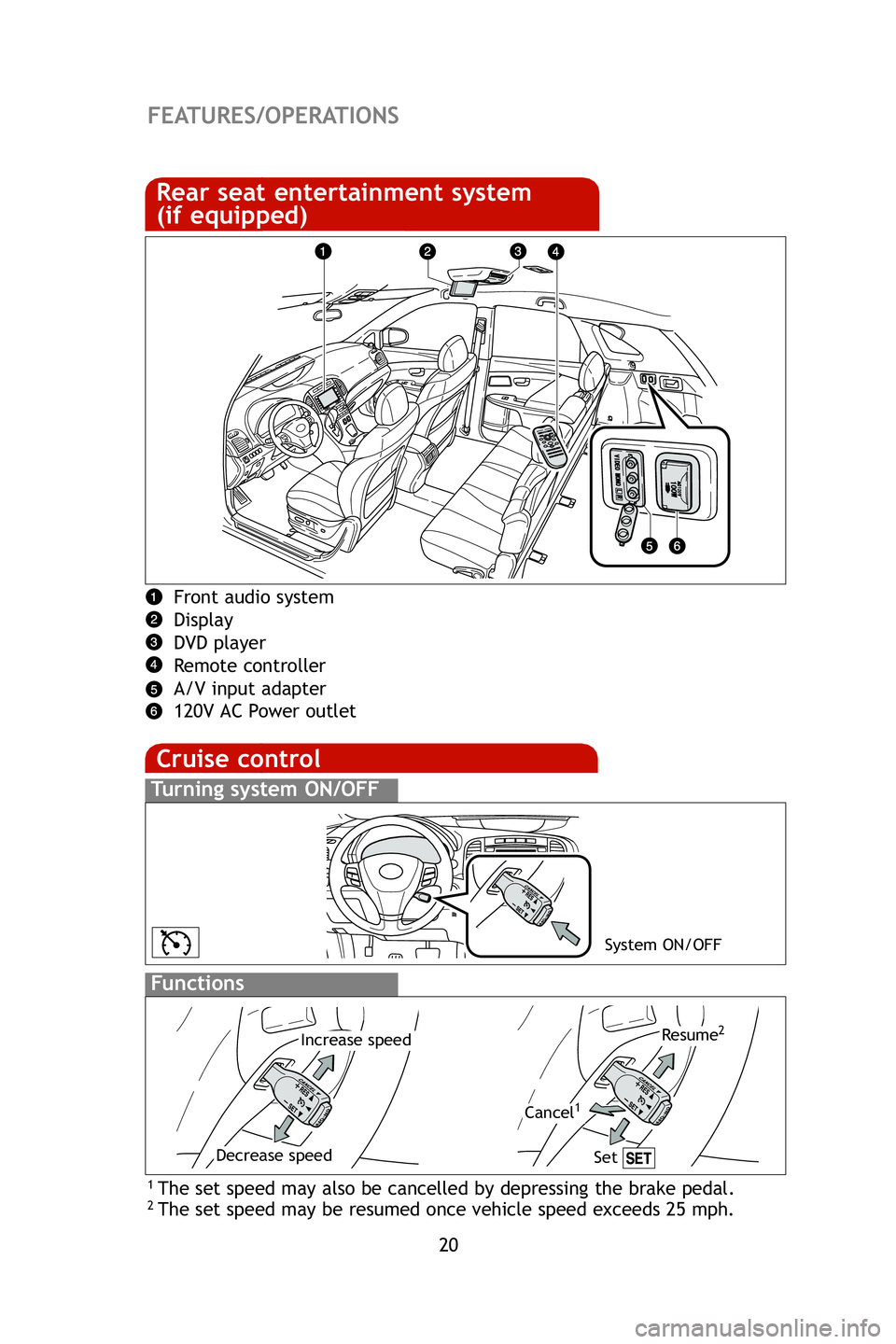TOYOTA VENZA 2009 Owners Manual (in English) 20
FEATURES/OPERATIONS
Cruise control
1 The set speed may also be cancelled by depressing the brake pedal.2 The set speed may be resumed once vehicle speed exceeds 25 mph.
Turning system ON/OFF
Functi TOYOTA VENZA 2009 Owners Manual (in English) 20
FEATURES/OPERATIONS
Cruise control
1 The set speed may also be cancelled by depressing the brake pedal.2 The set speed may be resumed once vehicle speed exceeds 25 mph.
Turning system ON/OFF
Functi