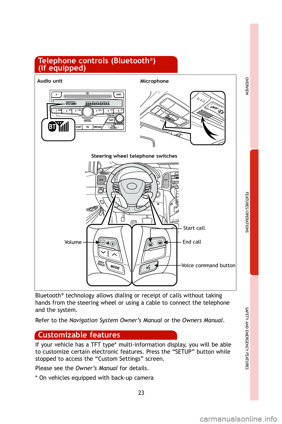 TOYOTA VENZA 2009 Owners Manual (in English) 23
OVERVIEW
FEATURES/OPERATIONS
SAFETY AND EMERGENCY FEATURES
Bluetooth®technology allows dialing or receipt of calls without taking
hands from the steering wheel or using a cable to connect the tele TOYOTA VENZA 2009 Owners Manual (in English) 23
OVERVIEW
FEATURES/OPERATIONS
SAFETY AND EMERGENCY FEATURES
Bluetooth®technology allows dialing or receipt of calls without taking
hands from the steering wheel or using a cable to connect the tele