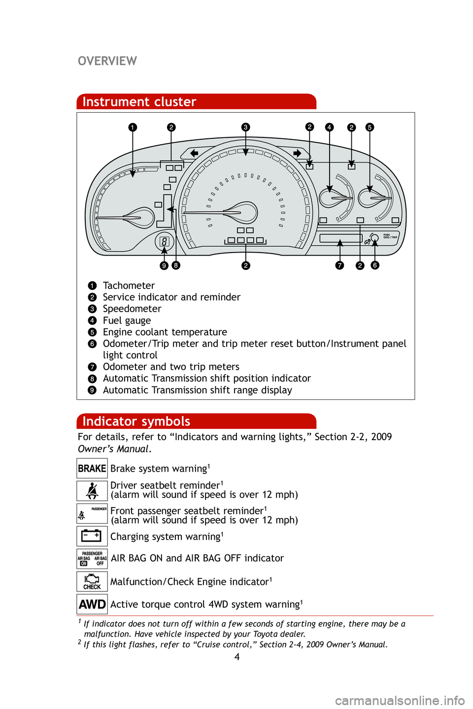 TOYOTA VENZA 2009  Owners Manual (in English) 4
OVERVIEW
Indicator symbols 
Instrument cluster
Tachometer
Service indicator and reminder 
Speedometer
Fuel gauge
Engine coolant temperature 
Odometer/Trip meter and trip meter reset button/Instrumen