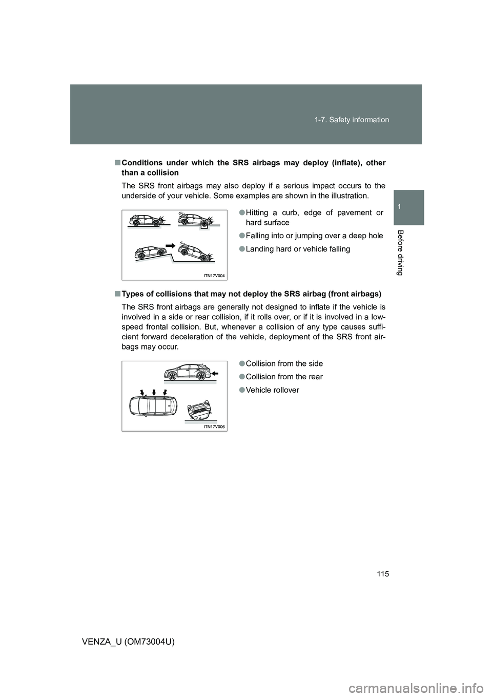TOYOTA VENZA 2009 Owners Manual (in English) 115
1-7. Safety information
1
Before driving
VENZA_U (OM73004U)
■
Conditions under which the SRS airbags may deploy (inflate), other
than a collision
The SRS front airbags may also deploy if a serio TOYOTA VENZA 2009 Owners Manual (in English) 115
1-7. Safety information
1
Before driving
VENZA_U (OM73004U)
■
Conditions under which the SRS airbags may deploy (inflate), other
than a collision
The SRS front airbags may also deploy if a serio