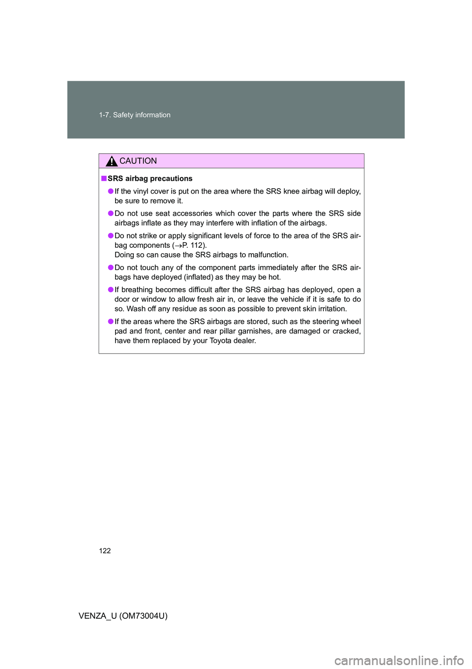 TOYOTA VENZA 2009  Owners Manual (in English) 122 1-7. Safety information
VENZA_U (OM73004U)
CAUTION
■SRS airbag precautions
● If the vinyl cover is put on the area where the SRS knee airbag will deploy,
be sure to remove it.
● Do not use s