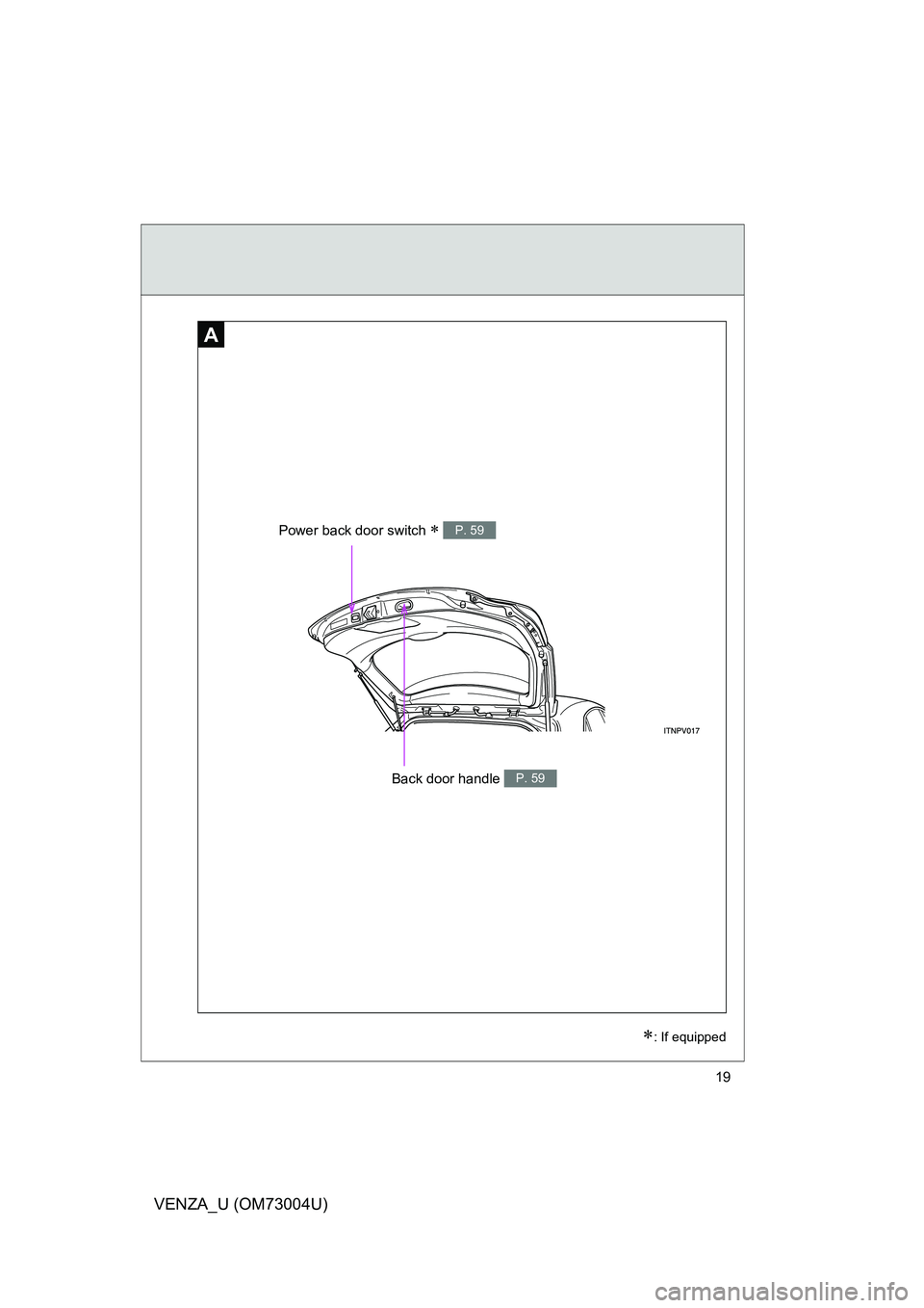 TOYOTA VENZA 2009   (in English) User Guide 19
VENZA_U (OM73004U)
A
: If equipped
Power back door switch  P. 59
Back door handle P. 59 