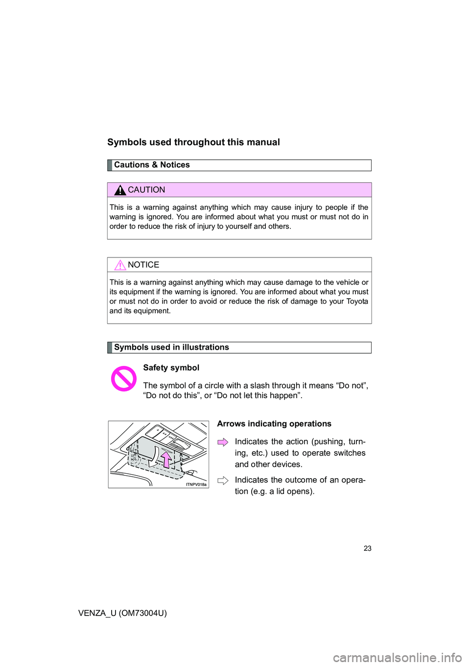 TOYOTA VENZA 2009   (in English) Owners Manual 23
VENZA_U (OM73004U)
Symbols used throughout this manual
Cautions & Notices 
Symbols used in illustrations
CAUTION
This is a warning against anything which may cause injury to people if the
warning i