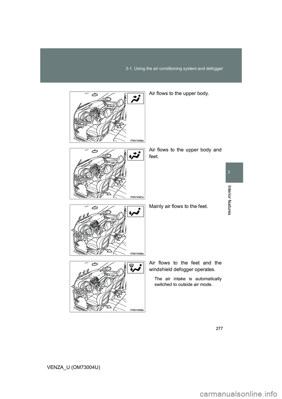 TOYOTA VENZA 2009  Owners Manual (in English) 277
3-1. Using the air conditioning system
 and defogger
3
Interior features
VENZA_U (OM73004U) Air flows to the upper body.
Air flows to the upper body and
feet.
Mainly air flows to the feet.
Air flo