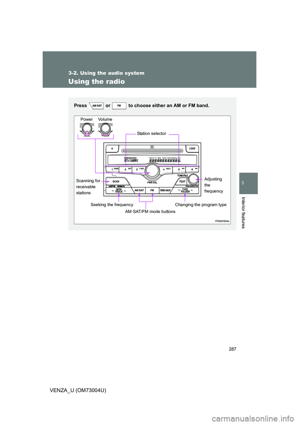 TOYOTA VENZA 2009  Owners Manual (in English) 287
3-2. Using the audio system
3
Interior features
VENZA_U (OM73004U)
Using the radio
Press   or   to choose either an AM or FM band.
Seeking the frequencyChanging the program type
AM·SAT/FM mode bu