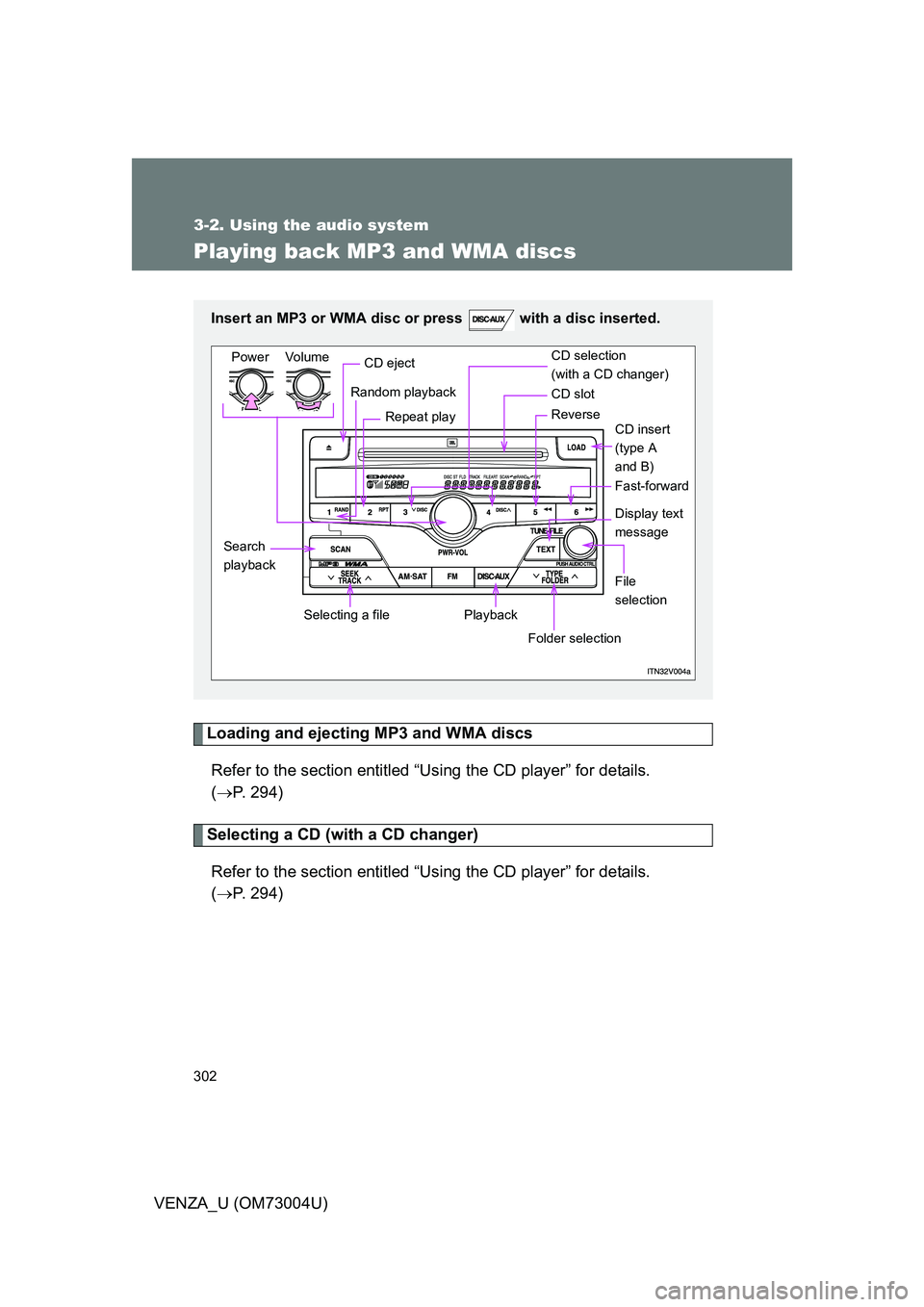 TOYOTA VENZA 2009  Owners Manual (in English) 302
3-2. Using the audio system
VENZA_U (OM73004U)
Playing back MP3 and WMA discs
Loading and ejecting MP3 and WMA discsRefer to the section entitled “Using the CD player” for details. 
(  P. 2