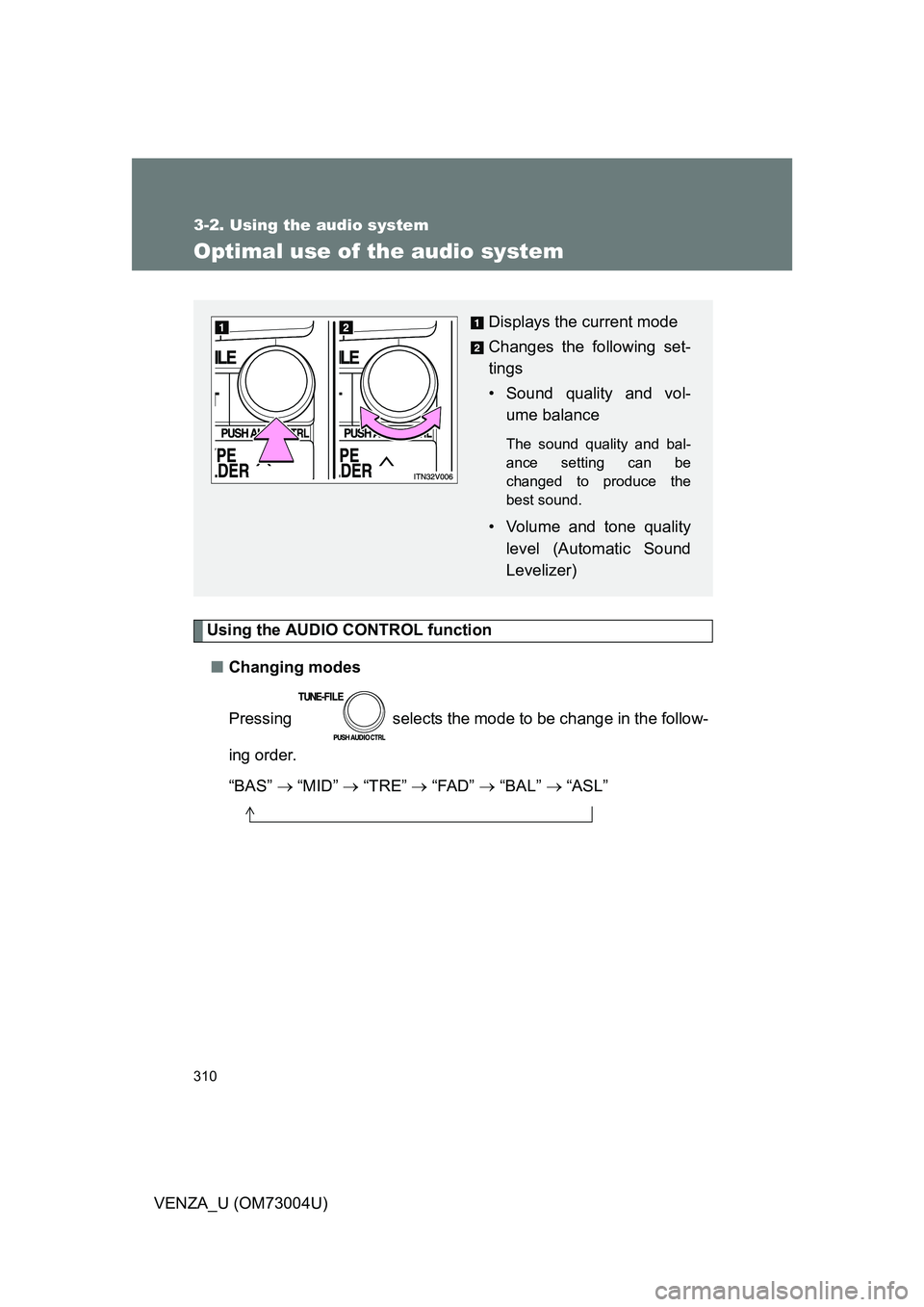 TOYOTA VENZA 2009  Owners Manual (in English) 310
3-2. Using the audio system
VENZA_U (OM73004U)
Optimal use of the audio system
Using the AUDIO CONTROL function■ Changing modes
Pressing   selects the mode to be change in the follow-
ing order.