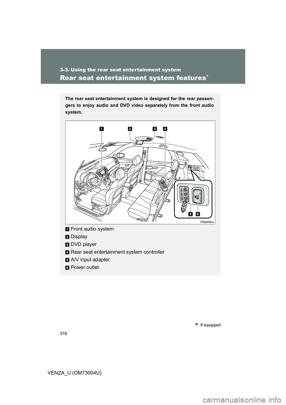 TOYOTA VENZA 2009  Owners Manual (in English) 316
VENZA_U (OM73004U)
3-3. Using the rear seat enter tainment system
Rear seat entertainment system features
: If equipped
The rear seat entertainment system is designed for the rear passen-
ge