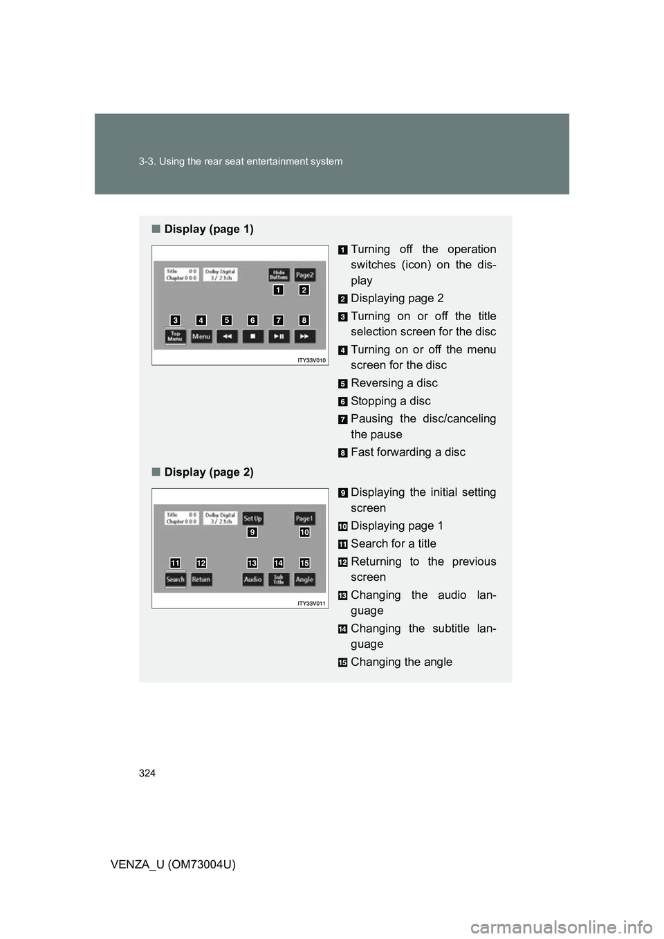 TOYOTA VENZA 2009 Owners Manual (in English) 324 3-3. Using the rear seat entertainment system
VENZA_U (OM73004U)
■Display (page 1)
Turning off the operation
switches (icon) on the dis-
play
Displaying page 2
Turning on or off the title
select TOYOTA VENZA 2009 Owners Manual (in English) 324 3-3. Using the rear seat entertainment system
VENZA_U (OM73004U)
■Display (page 1)
Turning off the operation
switches (icon) on the dis-
play
Displaying page 2
Turning on or off the title
select