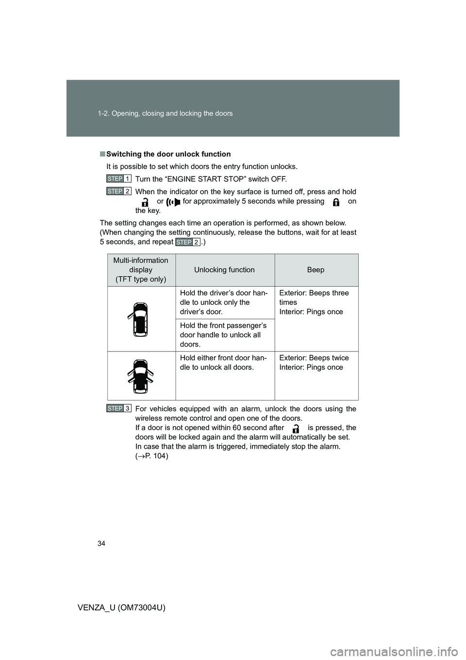 TOYOTA VENZA 2009 (in English) Owners Guide 34 1-2. Opening, closing and locking the doors
VENZA_U (OM73004U)
■Switching the door unlock function
It is possible to set which doors the entry function unlocks.
Turn the “ENGINE START STOP” s TOYOTA VENZA 2009 (in English) Owners Guide 34 1-2. Opening, closing and locking the doors
VENZA_U (OM73004U)
■Switching the door unlock function
It is possible to set which doors the entry function unlocks.
Turn the “ENGINE START STOP” s