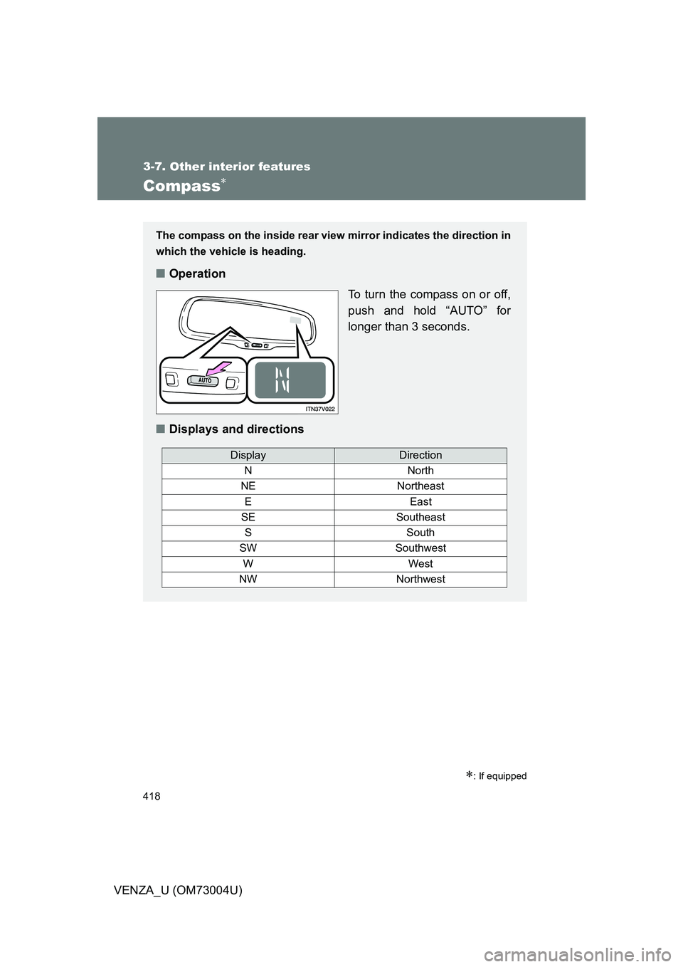 TOYOTA VENZA 2009 Owners Manual (in English) 418
3-7. Other interior features
VENZA_U (OM73004U)
Compass
: If equipped
The compass on the inside rear view mirror indicates the direction in
which the vehicle is heading.
■ Operation
To tur TOYOTA VENZA 2009 Owners Manual (in English) 418
3-7. Other interior features
VENZA_U (OM73004U)
Compass
: If equipped
The compass on the inside rear view mirror indicates the direction in
which the vehicle is heading.
■ Operation
To tur