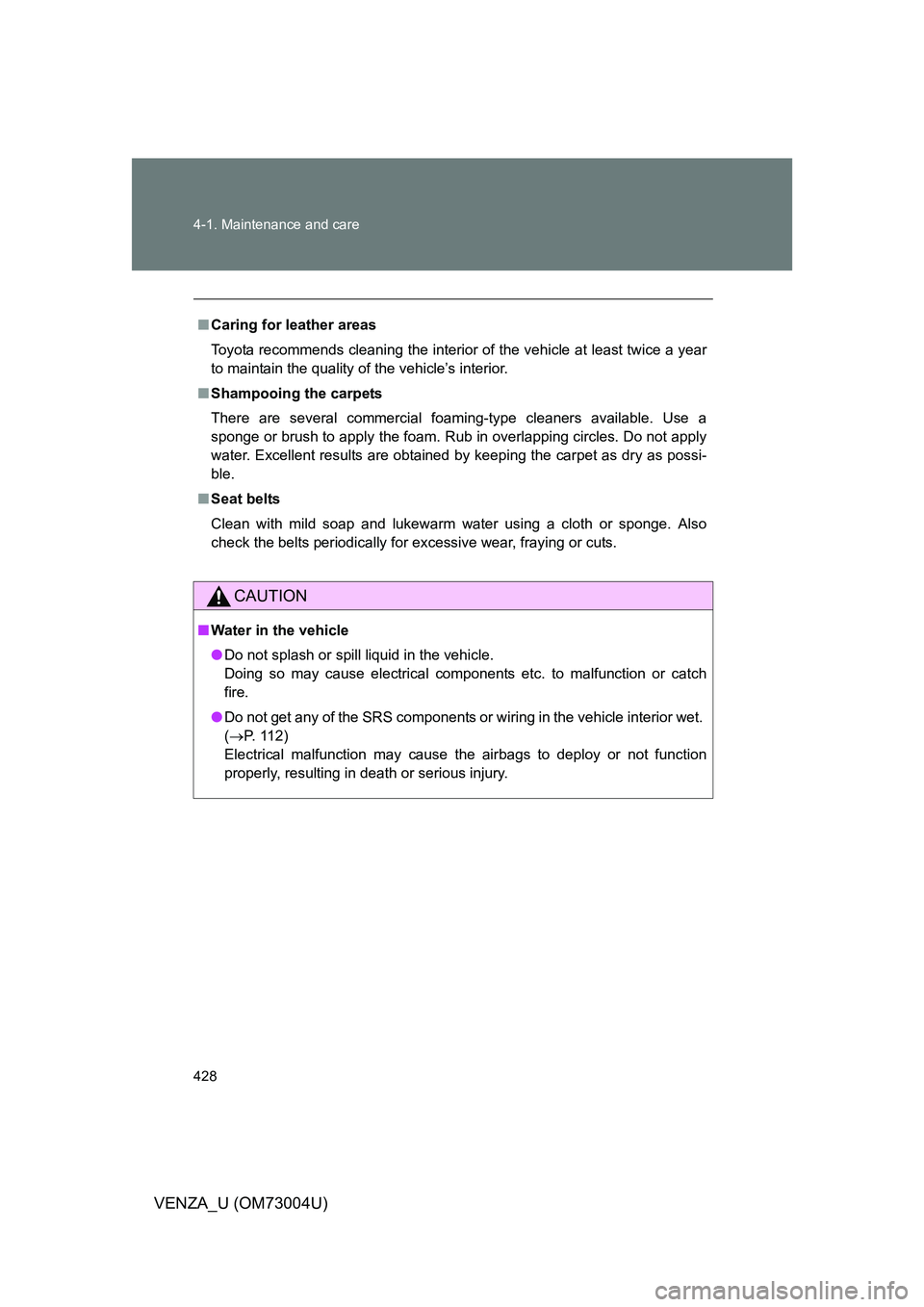 TOYOTA VENZA 2009  Owners Manual (in English) 428 4-1. Maintenance and care
VENZA_U (OM73004U)
■Caring for leather areas
Toyota recommends cleaning the interior of the vehicle at least twice a year
to maintain the quality of the vehicle’s int