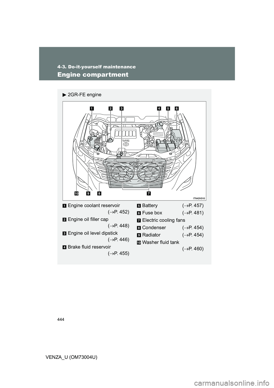 TOYOTA VENZA 2009  Owners Manual (in English) 444
4-3. Do-it-yourself maintenance
VENZA_U (OM73004U)
Engine compar tment
2GR-FE engine
Engine coolant reservoir( P. 452)
Engine oil filler cap ( P. 448)
Engine oil level dipstick ( P. 446)
