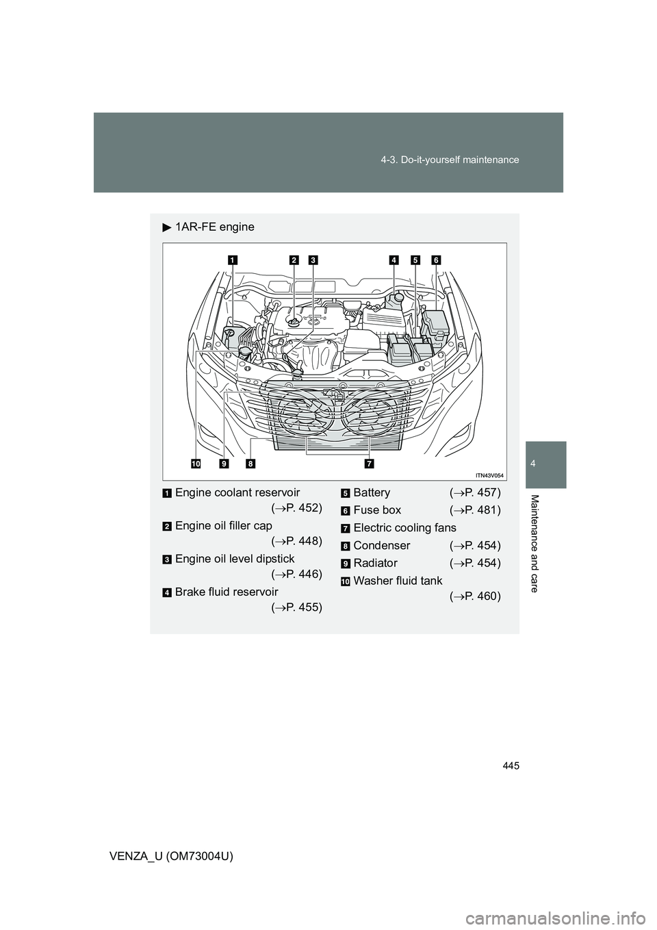 TOYOTA VENZA 2009  Owners Manual (in English) 445
4-3. Do-it-yourself maintenance
4
Maintenance and care
VENZA_U (OM73004U)
1AR-FE engine
Engine coolant reservoir
( P. 452)
Engine oil filler cap ( P. 448)
Engine oil level dipstick ( P. 4
