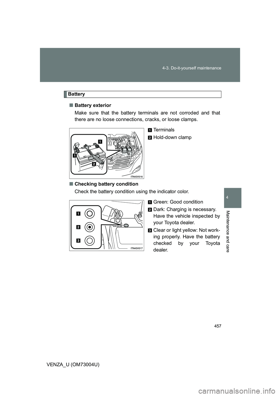 TOYOTA VENZA 2009 Owners Manual (in English) 457
4-3. Do-it-yourself maintenance
4
Maintenance and care
VENZA_U (OM73004U)
Battery
■ Battery exterior
Make sure that the battery terminals are not corroded and that
there are no loose connections TOYOTA VENZA 2009 Owners Manual (in English) 457
4-3. Do-it-yourself maintenance
4
Maintenance and care
VENZA_U (OM73004U)
Battery
■ Battery exterior
Make sure that the battery terminals are not corroded and that
there are no loose connections