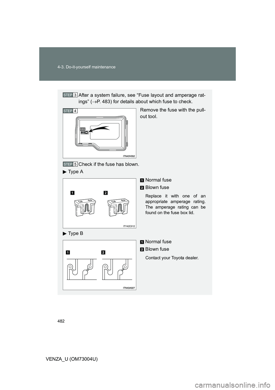 TOYOTA VENZA 2009  Owners Manual (in English) 482 4-3. Do-it-yourself maintenance
VENZA_U (OM73004U)
After a system failure, see “Fuse layout and amperage rat-
ings” (P. 483) for details about which fuse to check.
Remove the fuse with the 
