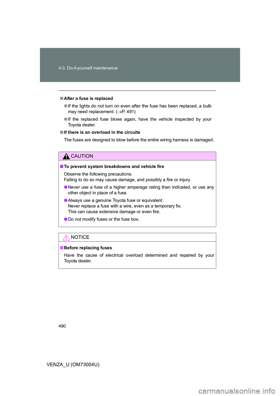 TOYOTA VENZA 2009  Owners Manual (in English) 490 4-3. Do-it-yourself maintenance
VENZA_U (OM73004U)
■After a fuse is replaced
● If the lights do not turn on even after the fuse has been replaced, a bulb
may need replacement. (P. 491)
● 