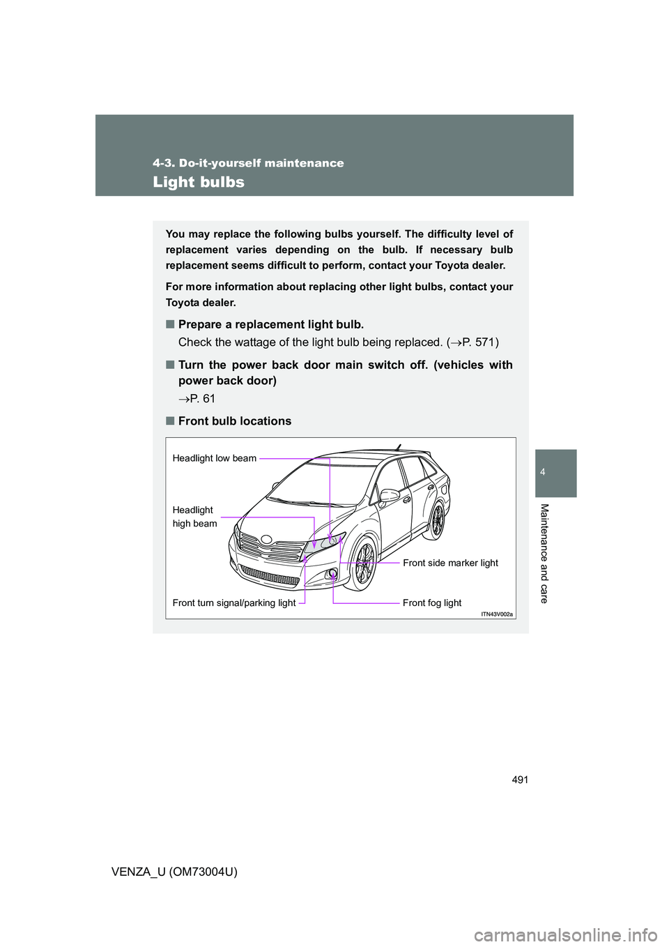 TOYOTA VENZA 2009  Owners Manual (in English) 491
4-3. Do-it-yourself maintenance
4
Maintenance and care
VENZA_U (OM73004U)
Light bulbs
You may replace the following bulbs yourself. The difficulty level of
replacement varies depending on the bulb