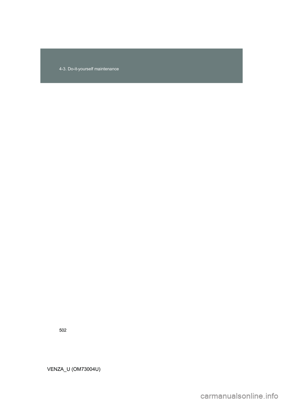 TOYOTA VENZA 2009  Owners Manual (in English) 502 4-3. Do-it-yourself maintenance
VENZA_U (OM73004U) 