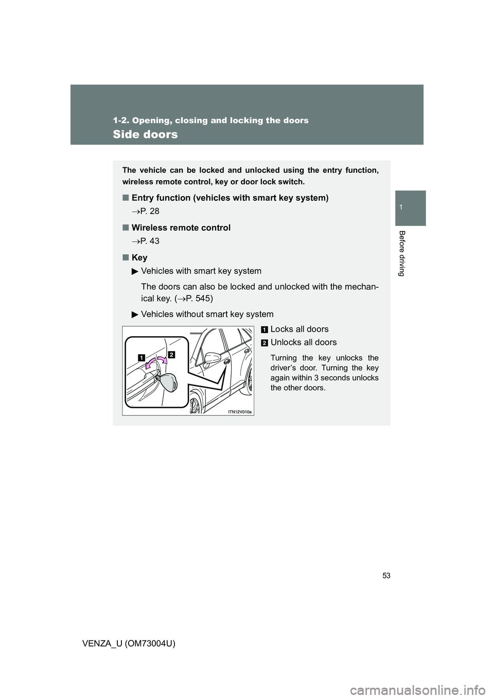 TOYOTA VENZA 2009   (in English) Workshop Manual 53
1
1-2. Opening, closing and locking the doors
Before driving
VENZA_U (OM73004U)
Side doors
The vehicle can be locked and unlocked using the entry function,
wireless remote control, key or door lock