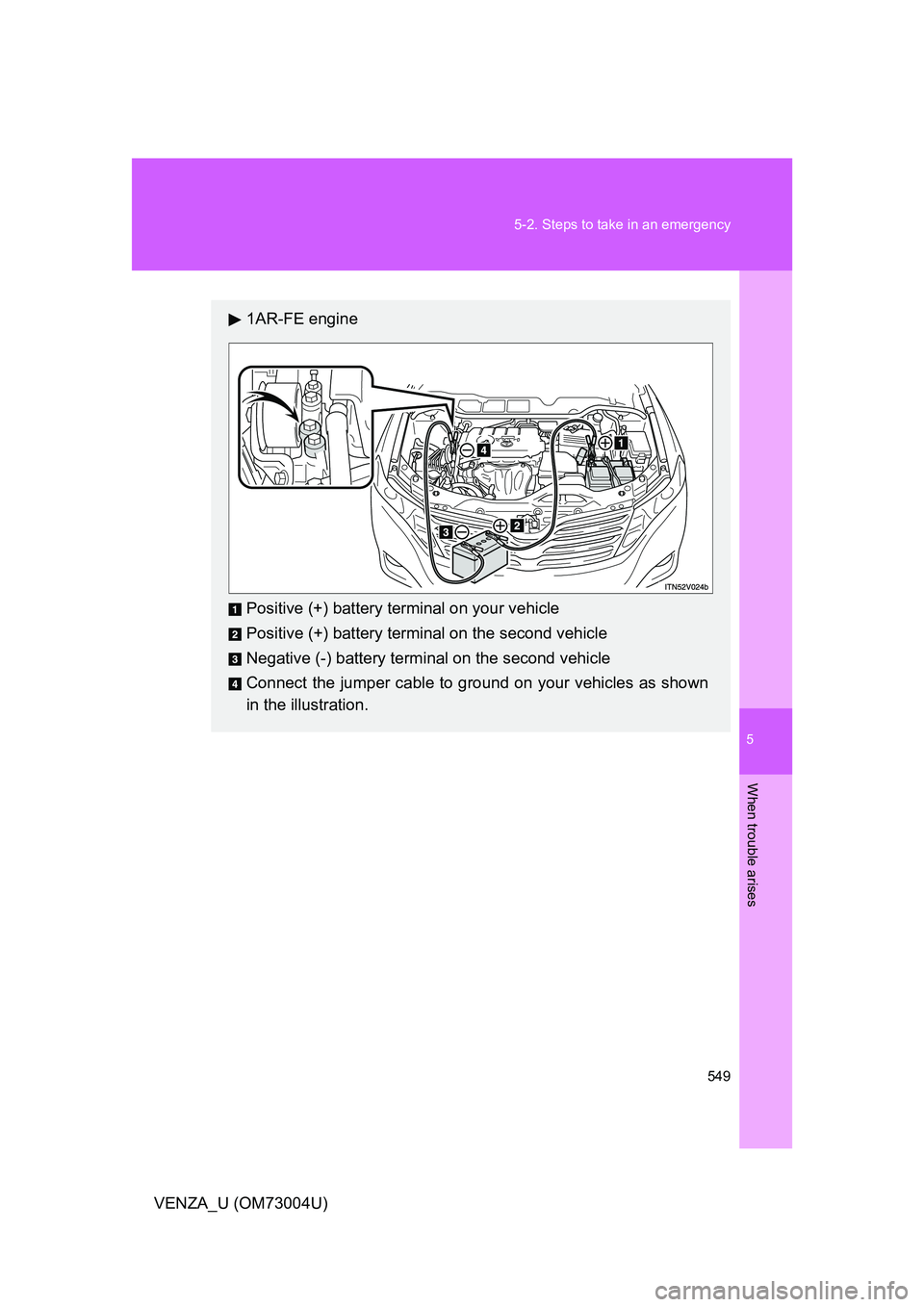TOYOTA VENZA 2009  Owners Manual (in English) 5
When trouble arises
549
5-2. Steps to take in an emergency
VENZA_U (OM73004U)
1AR-FE engine
Positive (+) battery terminal on your vehicle
Positive (+) battery terminal on the second vehicle
Negative