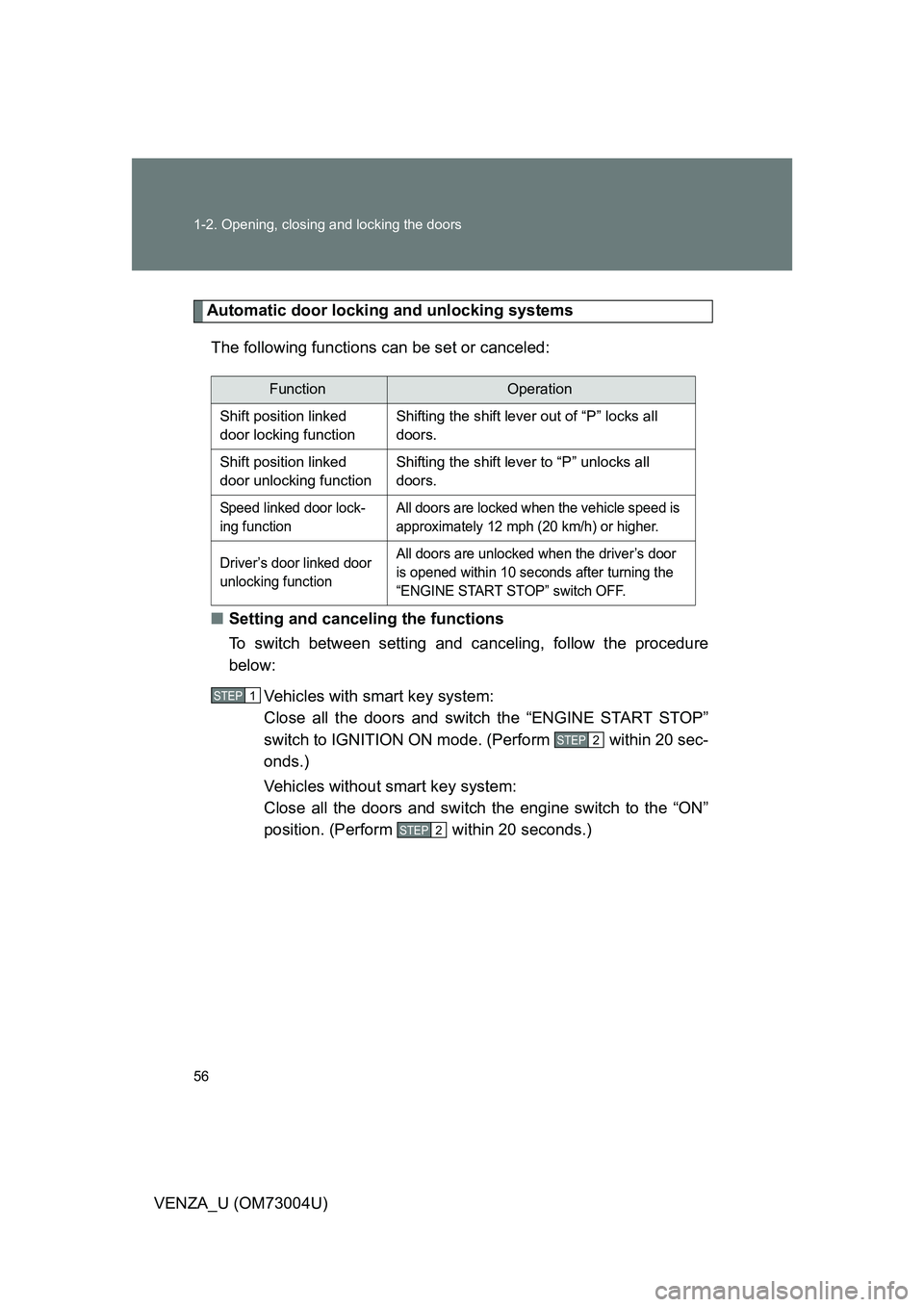 TOYOTA VENZA 2009 (in English) Workshop Manual 56 1-2. Opening, closing and locking the doors
VENZA_U (OM73004U)
Automatic door locking and unlocking systemsThe following functions can be set or canceled:
■ Setting and canceling the functions
To TOYOTA VENZA 2009 (in English) Workshop Manual 56 1-2. Opening, closing and locking the doors
VENZA_U (OM73004U)
Automatic door locking and unlocking systemsThe following functions can be set or canceled:
■ Setting and canceling the functions
To