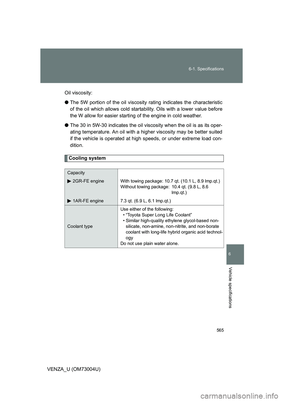 TOYOTA VENZA 2009 Owners Manual (in English) 565
6-1. Specifications
6
Vehicle specifications
VENZA_U (OM73004U)
Oil viscosity:
●
The 5W portion of the oil viscosity rating indicates the characteristic
of the oil which allows cold startab ilit TOYOTA VENZA 2009 Owners Manual (in English) 565
6-1. Specifications
6
Vehicle specifications
VENZA_U (OM73004U)
Oil viscosity:
●
The 5W portion of the oil viscosity rating indicates the characteristic
of the oil which allows cold startab ilit