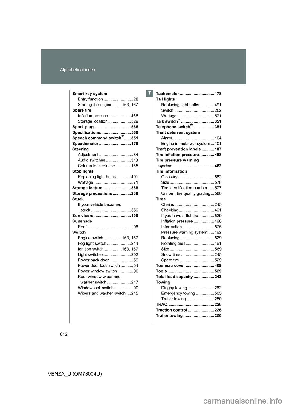 TOYOTA VENZA 2009 Owners Manual (in English) 612 Alphabetical index
VENZA_U (OM73004U)
Smart key systemEntry function ..........................28
Starting the engine ........163, 167
Spare tire Inflation pressure...................468
Storage l TOYOTA VENZA 2009 Owners Manual (in English) 612 Alphabetical index
VENZA_U (OM73004U)
Smart key systemEntry function ..........................28
Starting the engine ........163, 167
Spare tire Inflation pressure...................468
Storage l